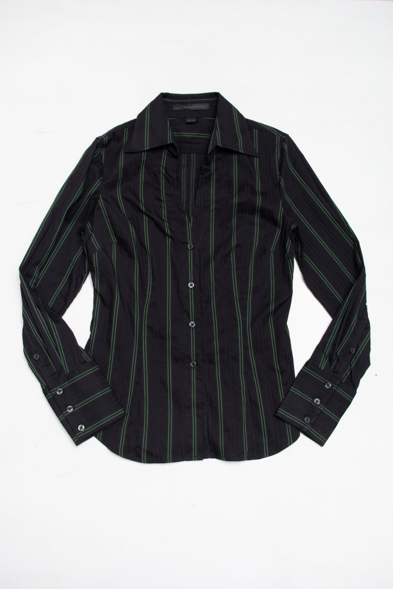 #103 green/black pinstripe button up | c. 161 | size 8