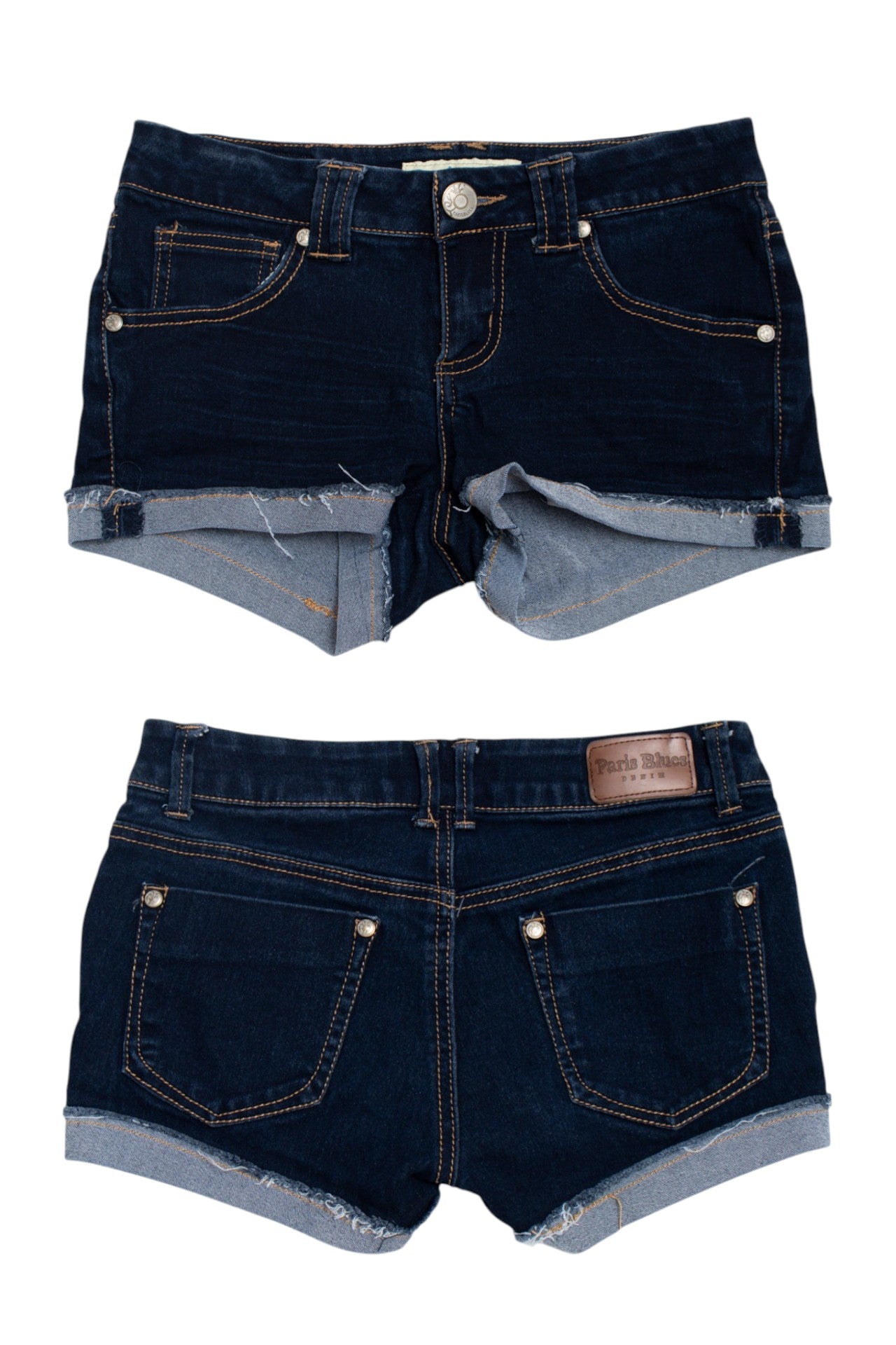 #173 Paris Blues dark wash mini shorts | c. 161 | size 8