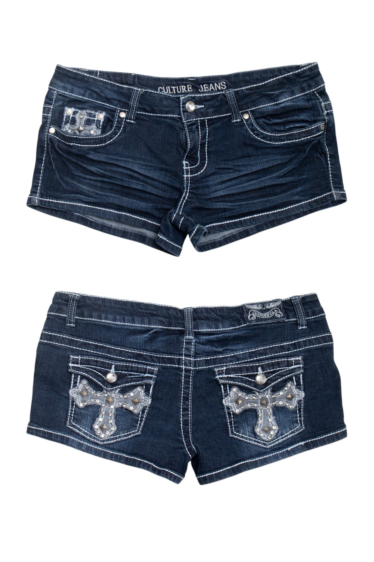 #27 Culture studded pocket denim mini shorts | c. 162 | size 10