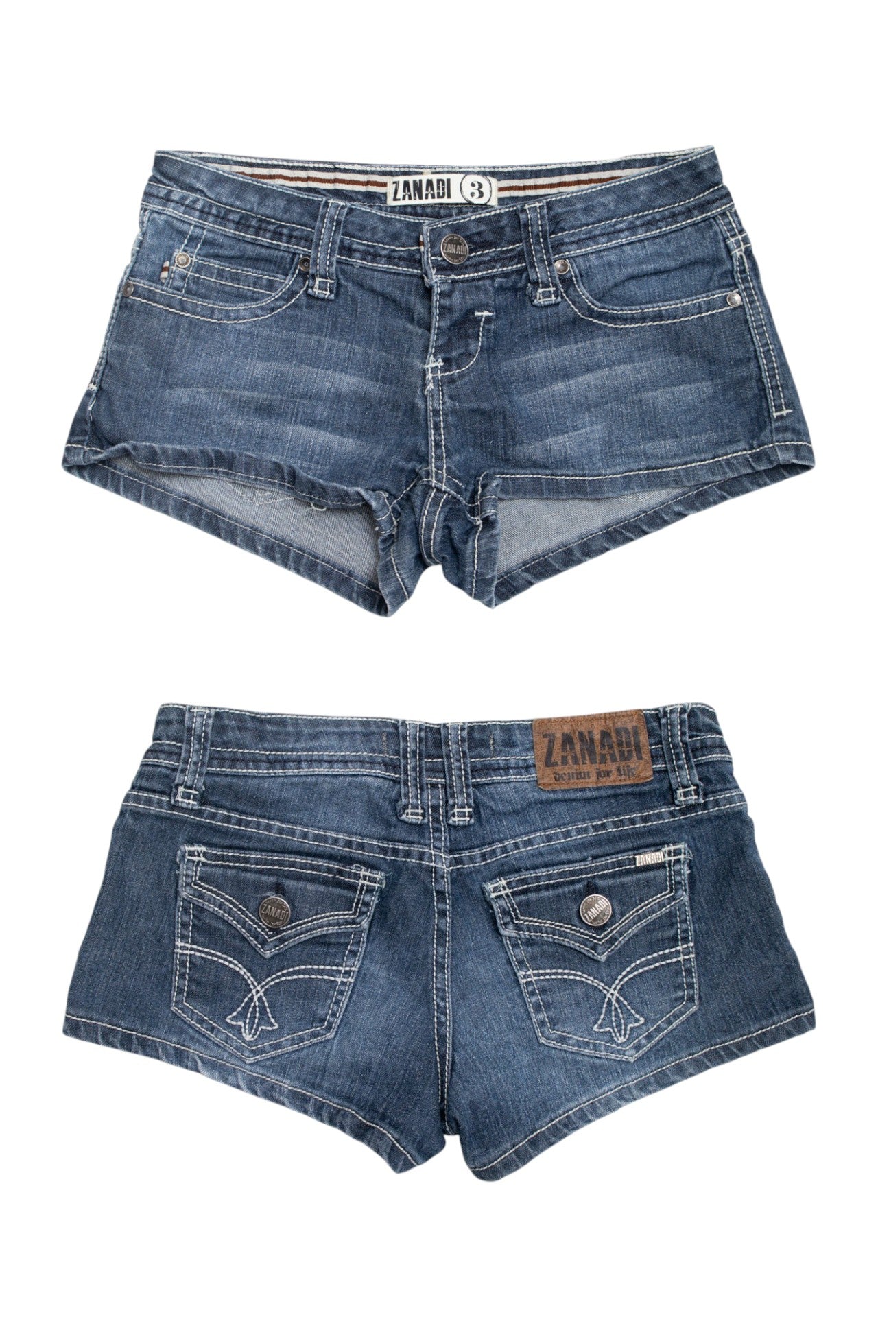 #28 Zanada white stitch denim mini shorts | c. 162 | size 8