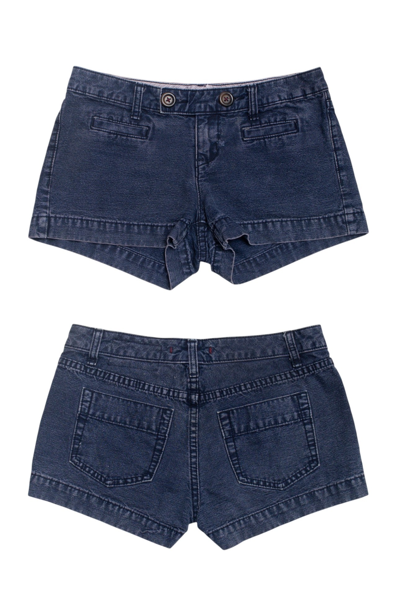#35 double button dark wash denim mini shorts | c. 162 | size 6