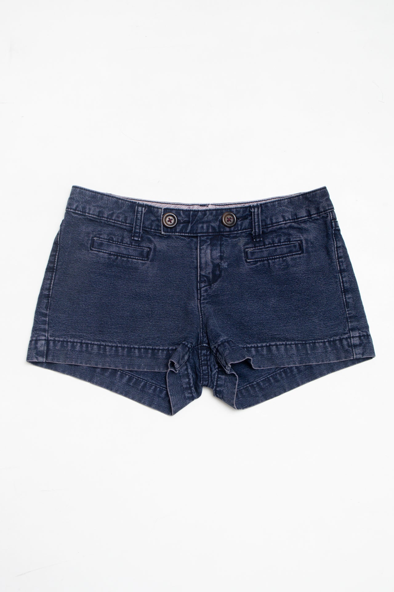 #35 double button dark wash denim mini shorts | c. 162 | size 6