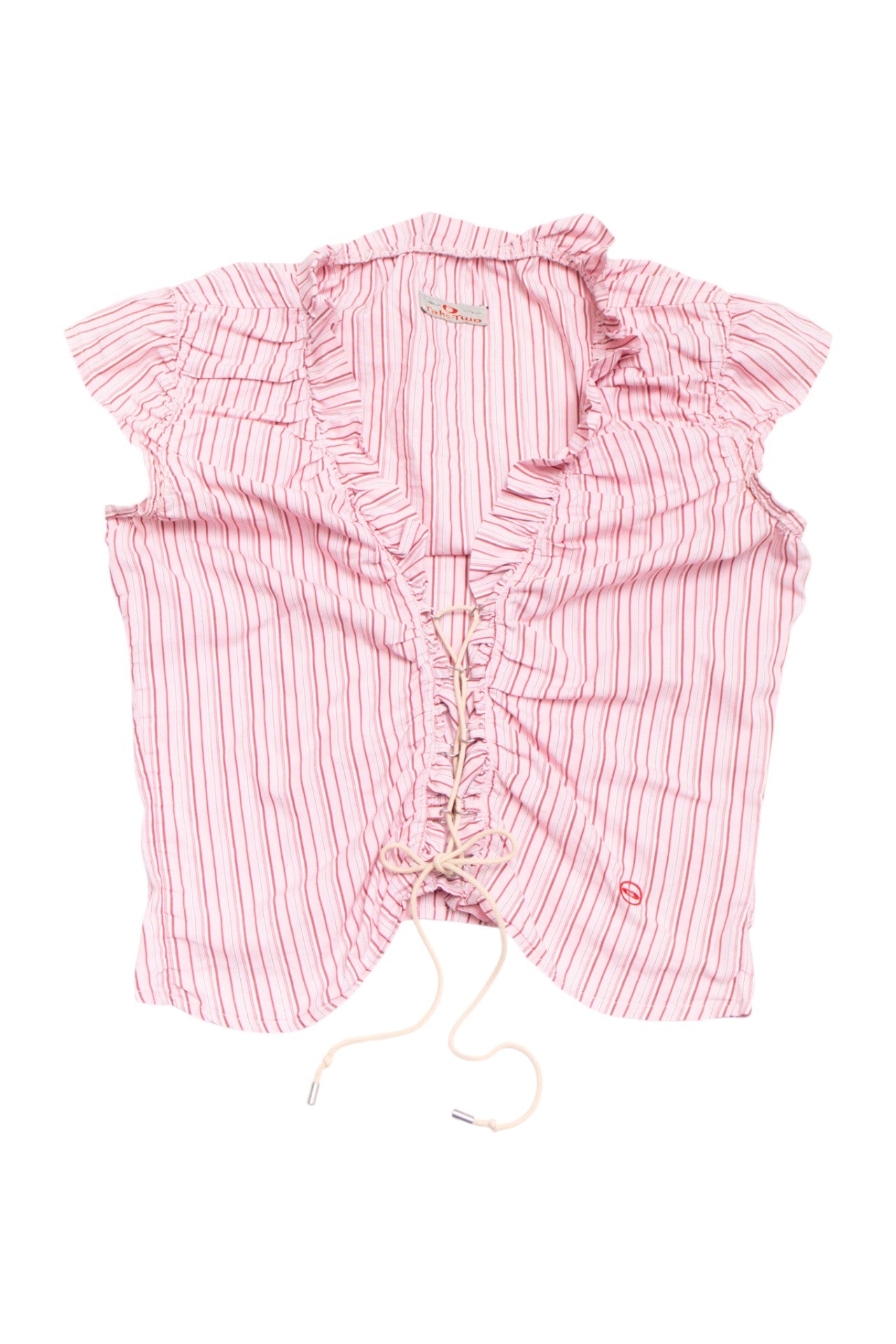 #192 Pink ruffled tie front striped top | c. 162 | size 10