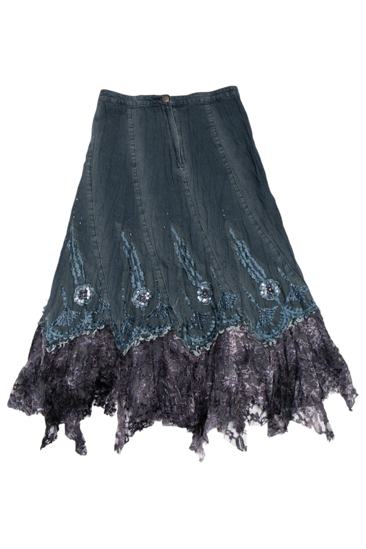 #209 Beaded lace trim denim skirt | c. 162 | size 6/8