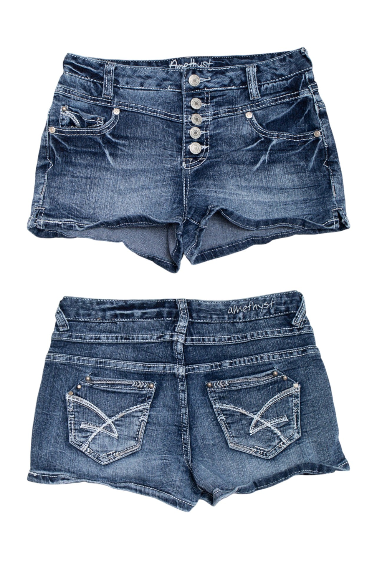 #214 Amethyst denim high-waisted mini shorts | c. 162 | size 6