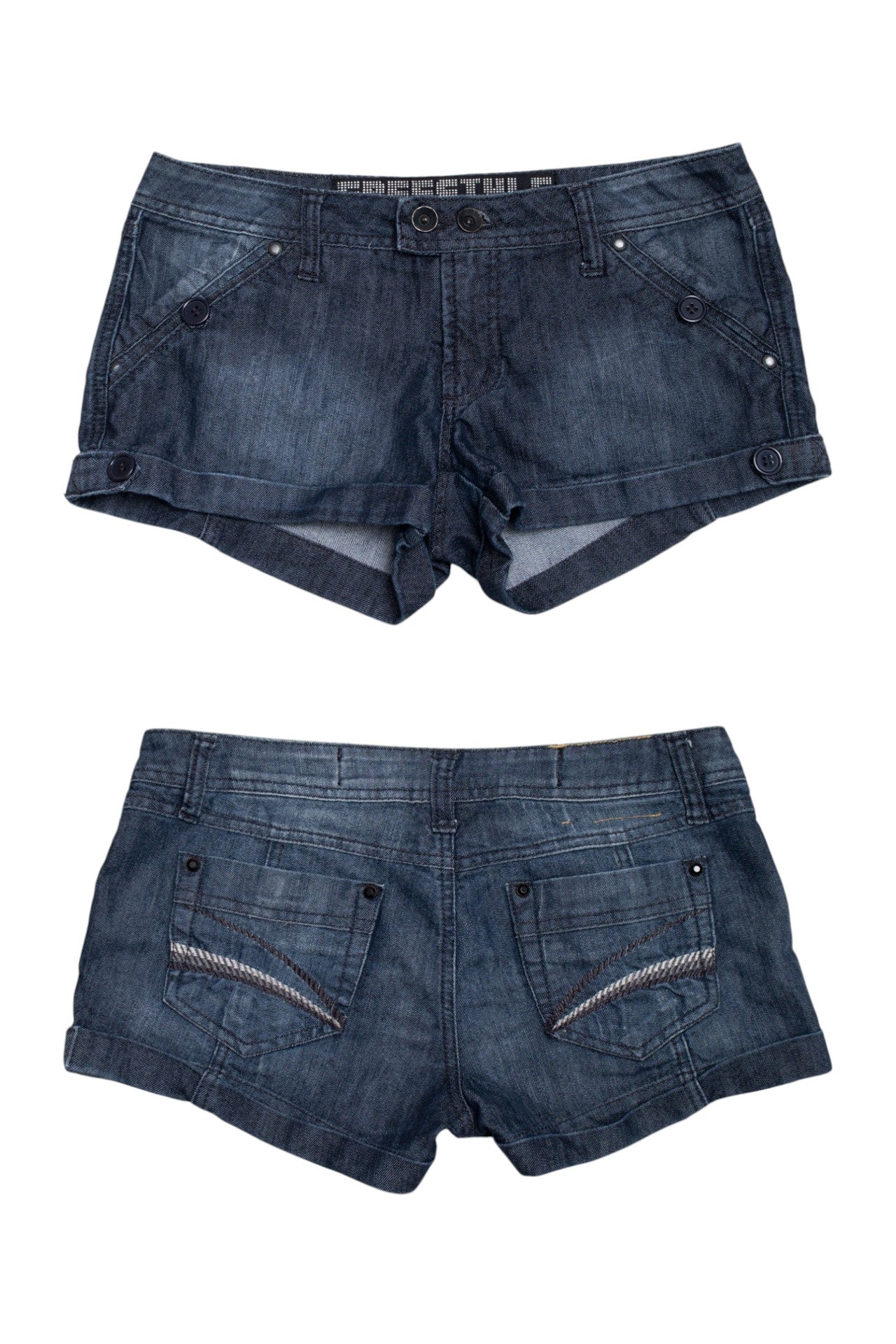#215 Freestyle Revolution dark wash mini denim shorts | c. 162 | size 8