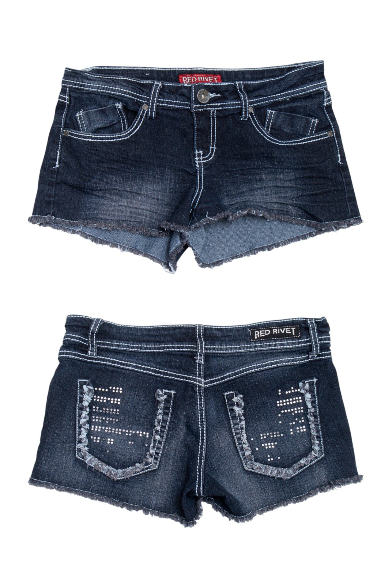 #216 Red Rivet denim mini shorts | c. 162 | size 6
