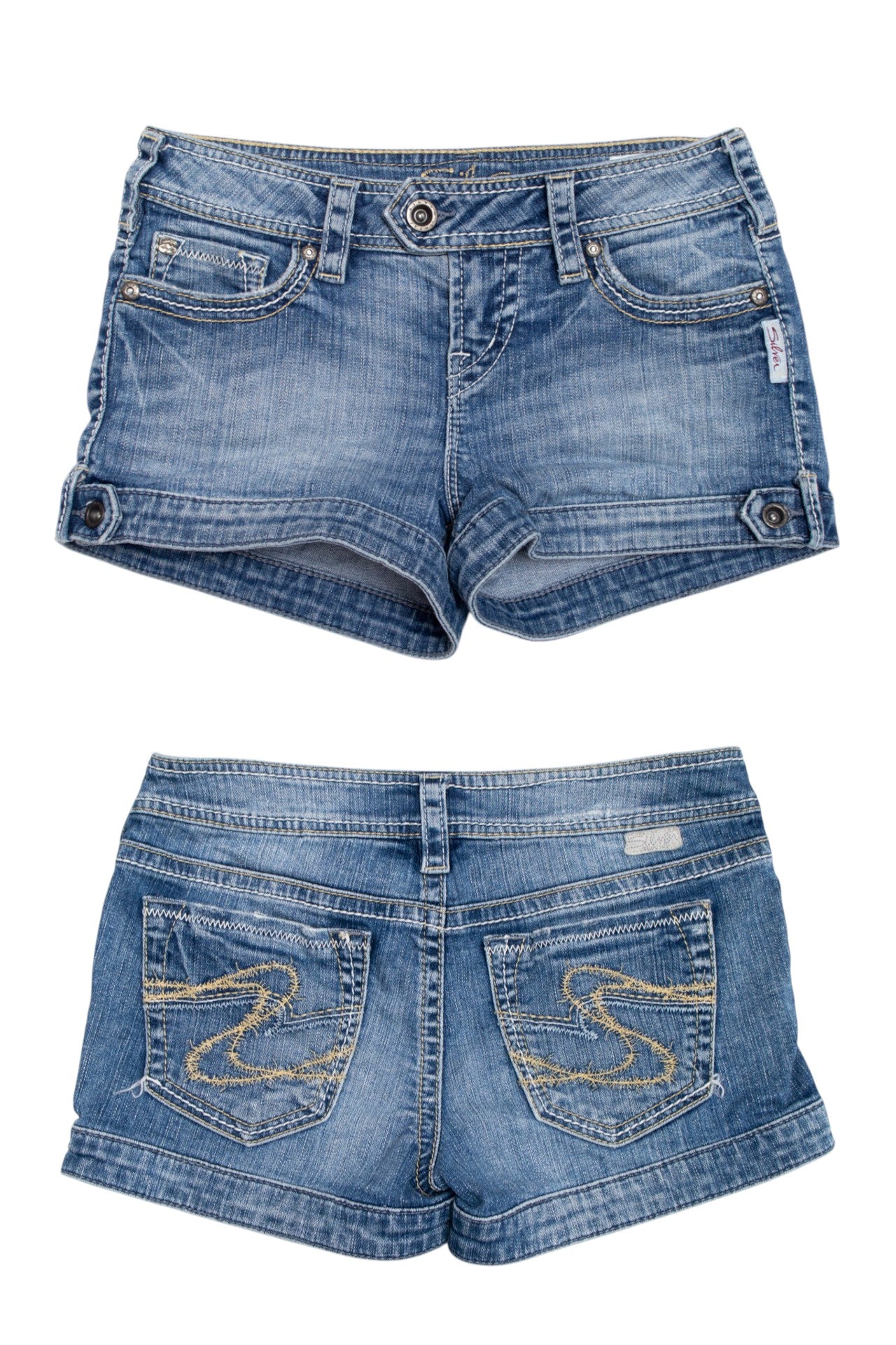 #219 Silver light wash denim mini shorts | c. 162 | size 6