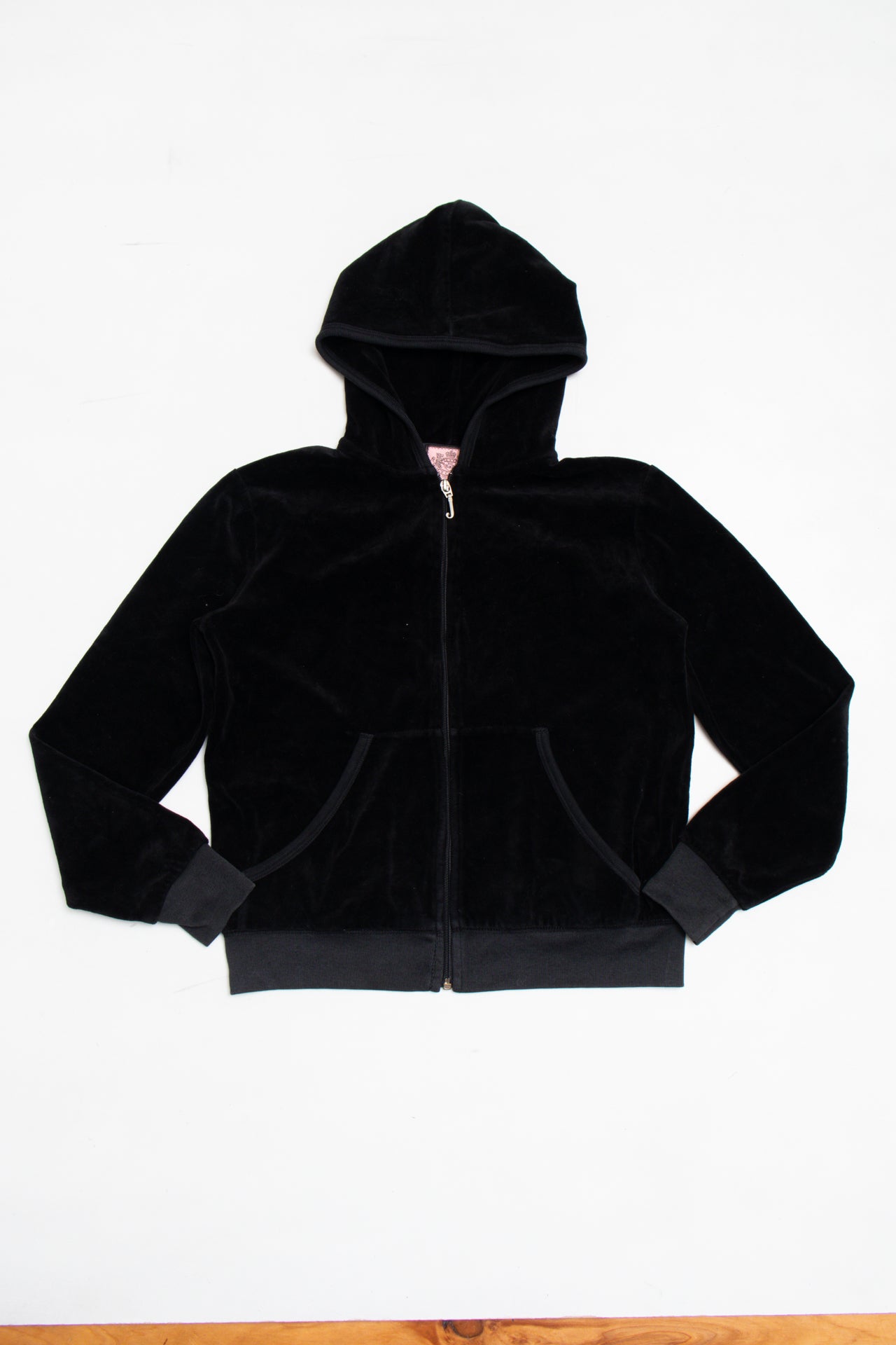#169 USA made Juicy Couture black zip up print back hoodie | c. 162 | size 8