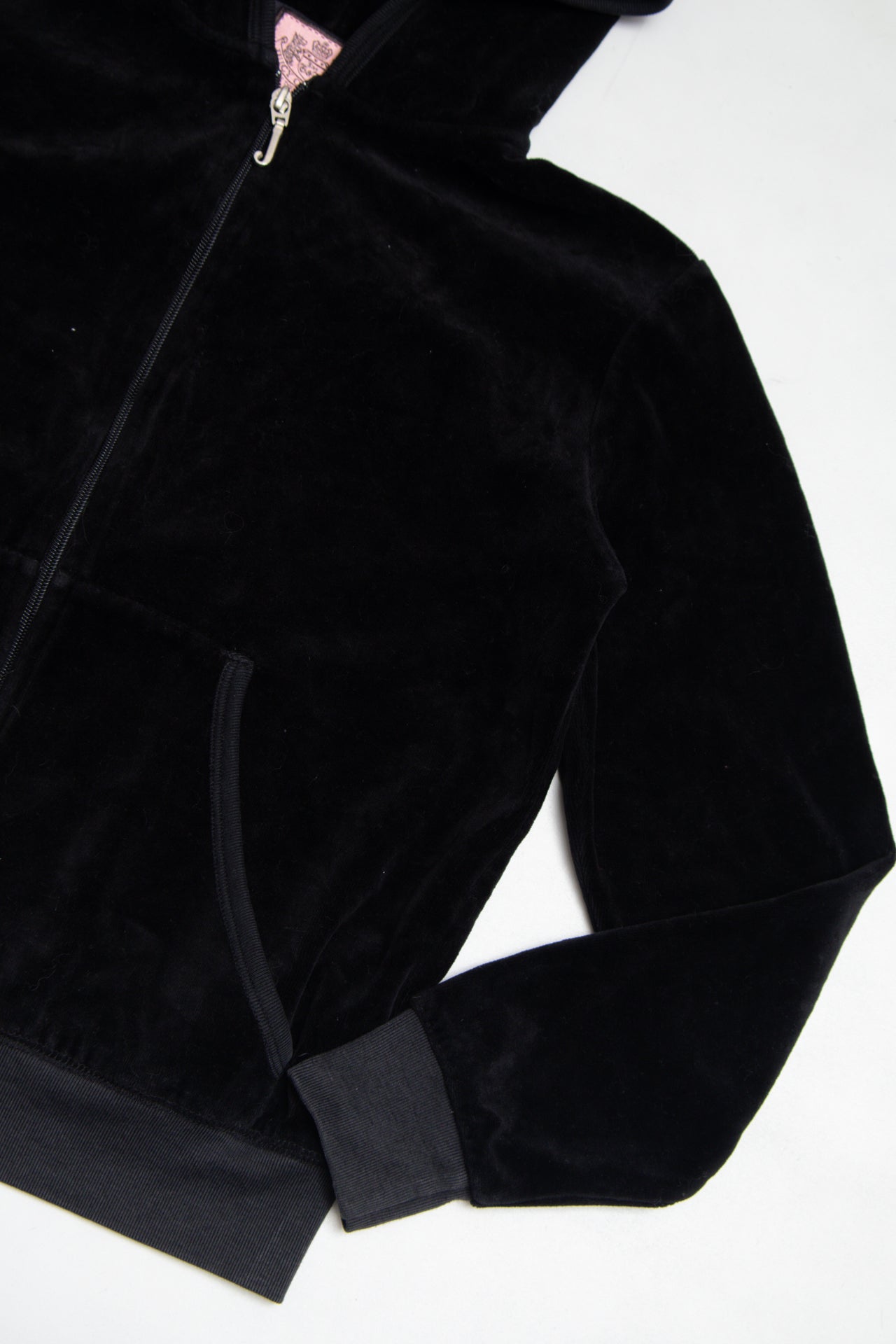 #169 USA made Juicy Couture black zip up print back hoodie | c. 162 | size 8