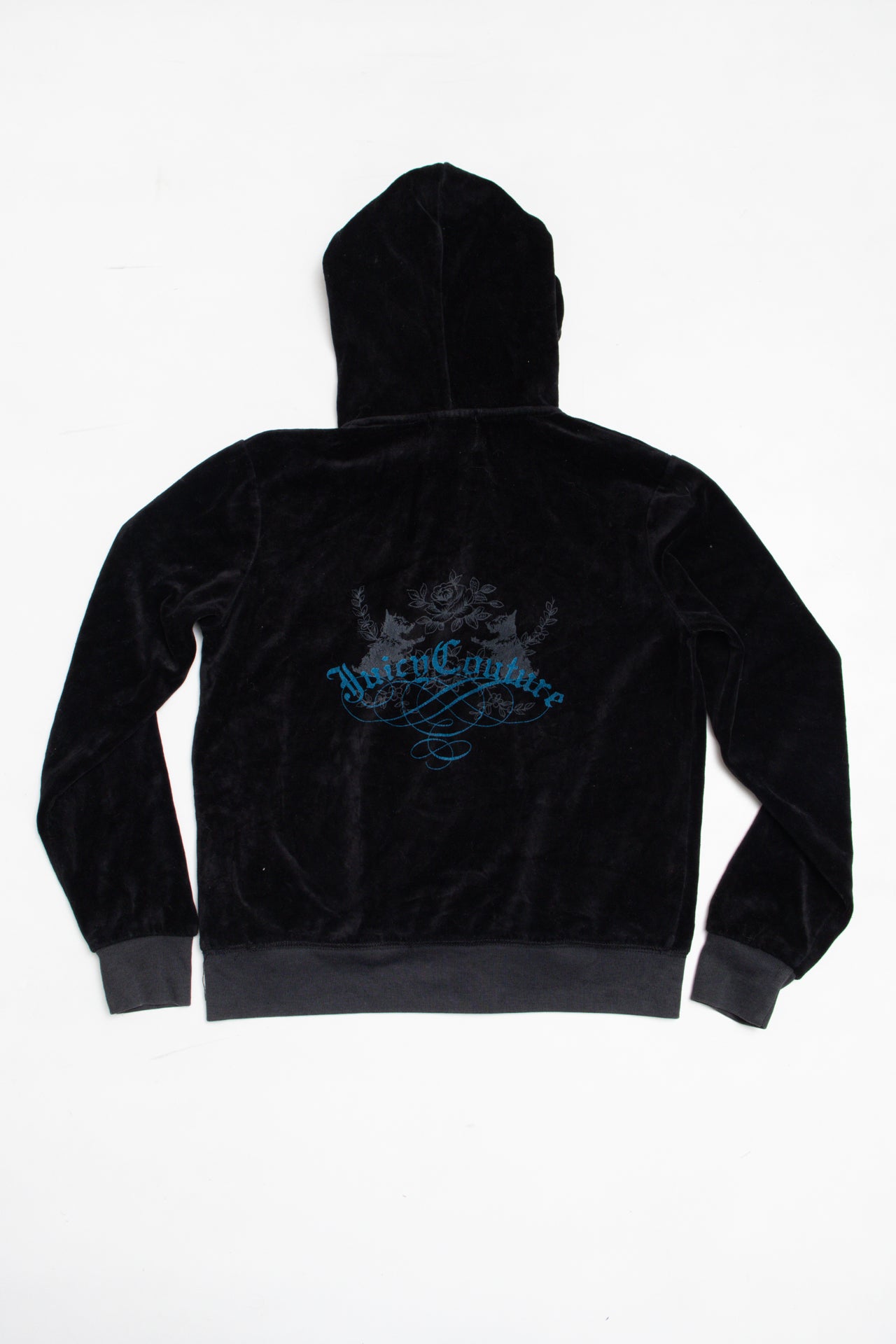 #169 USA made Juicy Couture black zip up print back hoodie | c. 162 | size 8