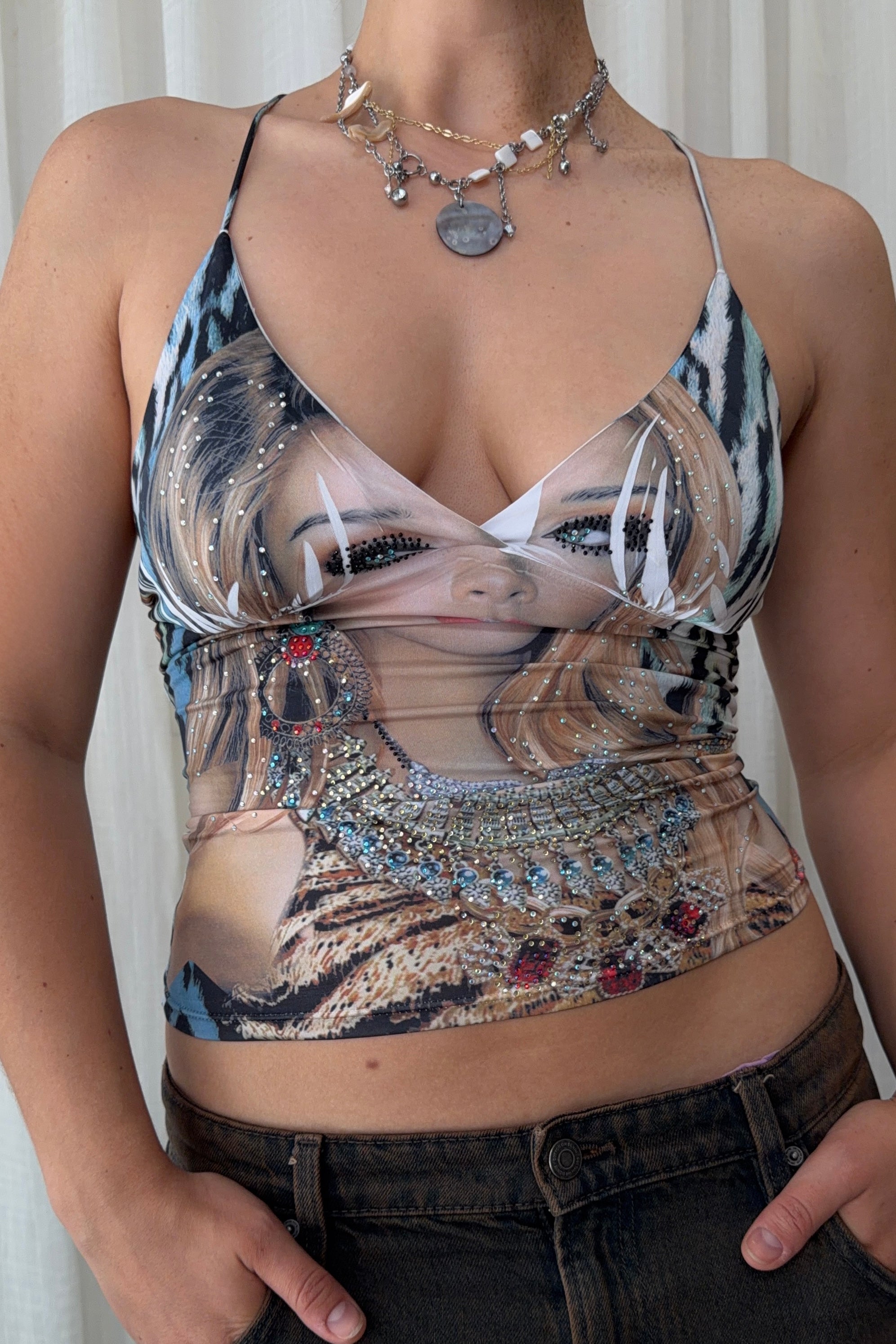 #89 Crimson Ivy Graphic Spaghetti Strap Cami Top Blue | c. 170 | Size 8