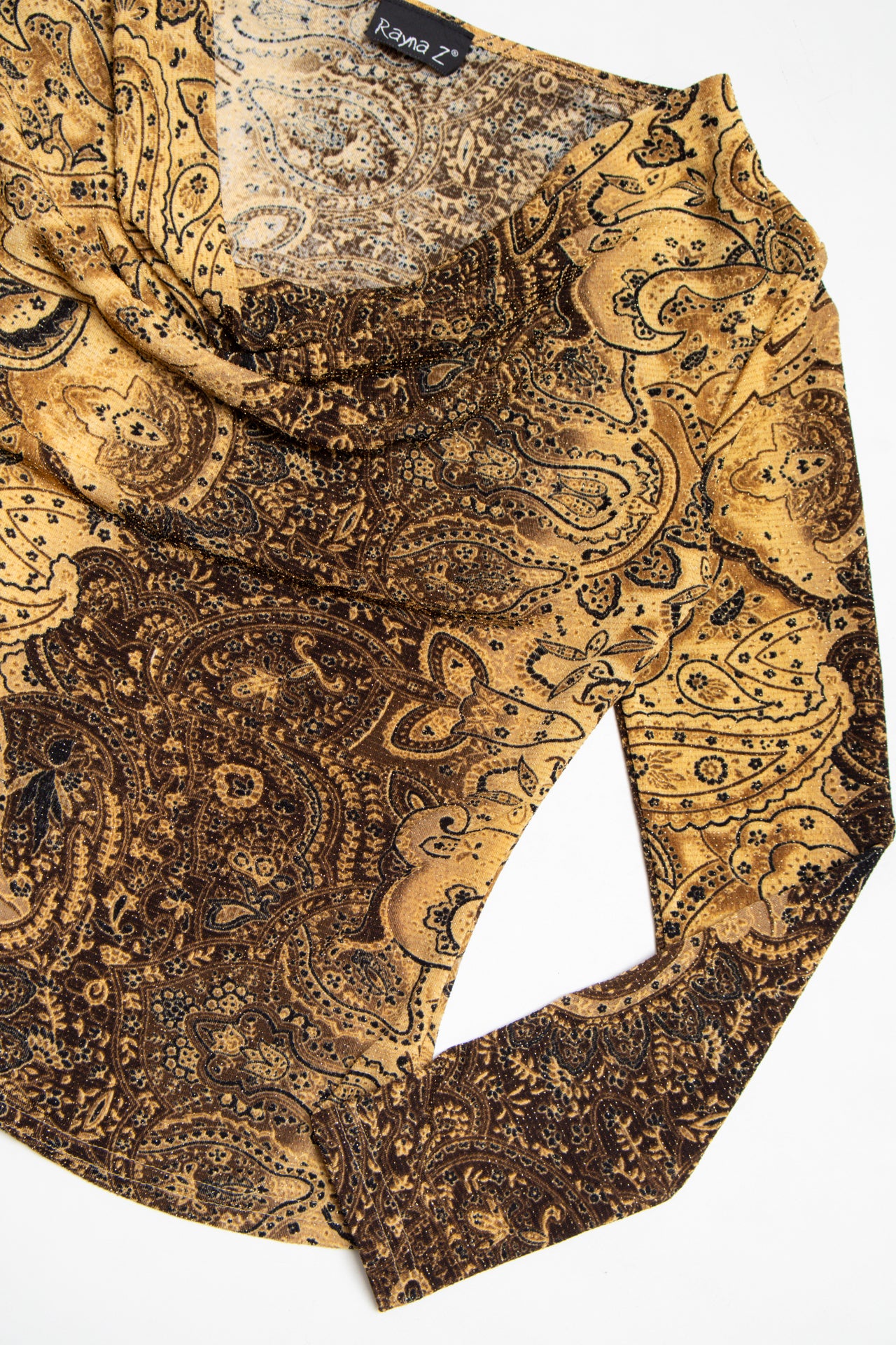 #226 Paisley gold spec cow-neck top | c. 163 | size 12