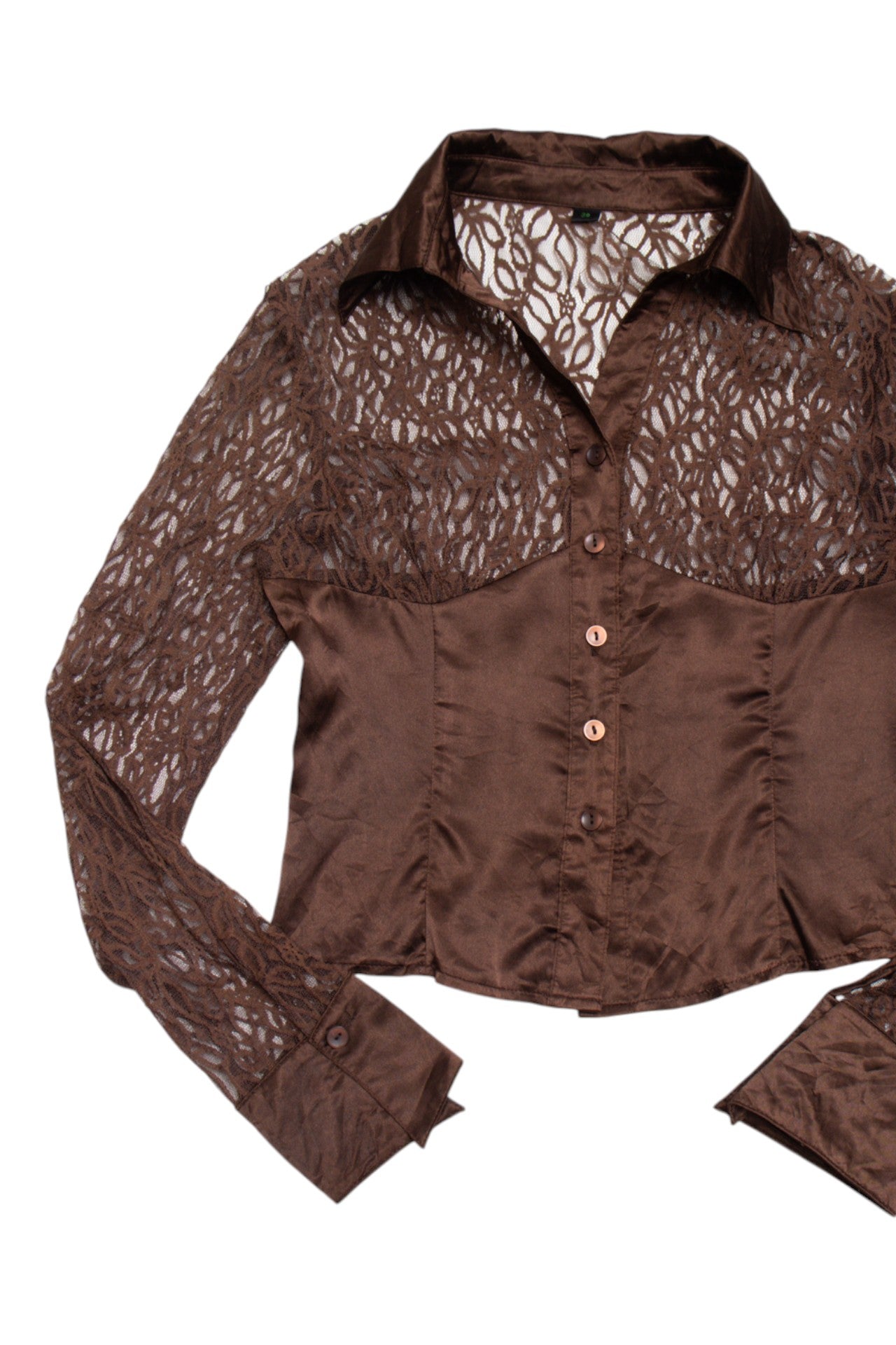 #227 brown satin/lace button up blouse | c. 163 | size 8