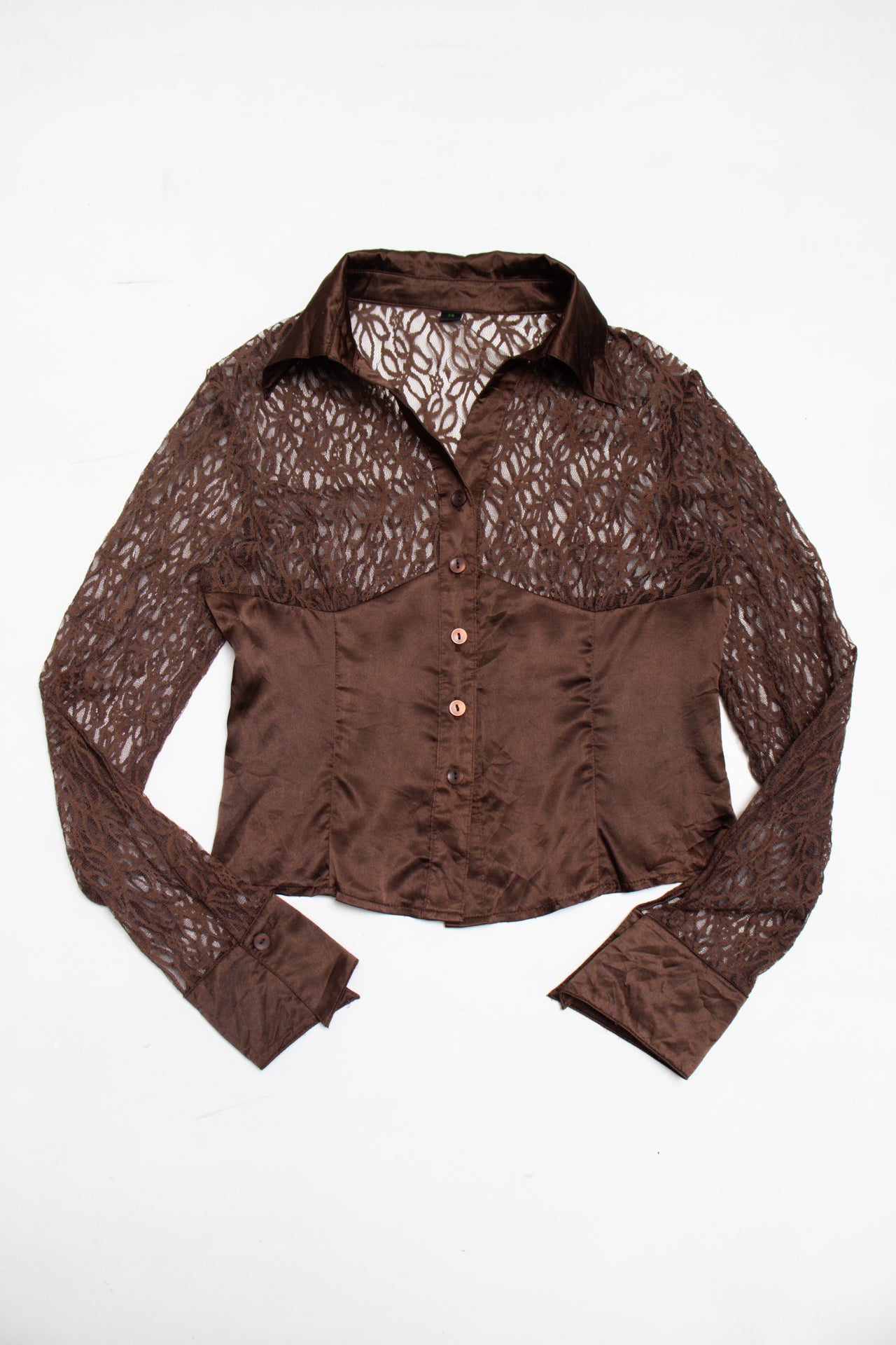 #227 brown satin/lace button up blouse | c. 163 | size 8