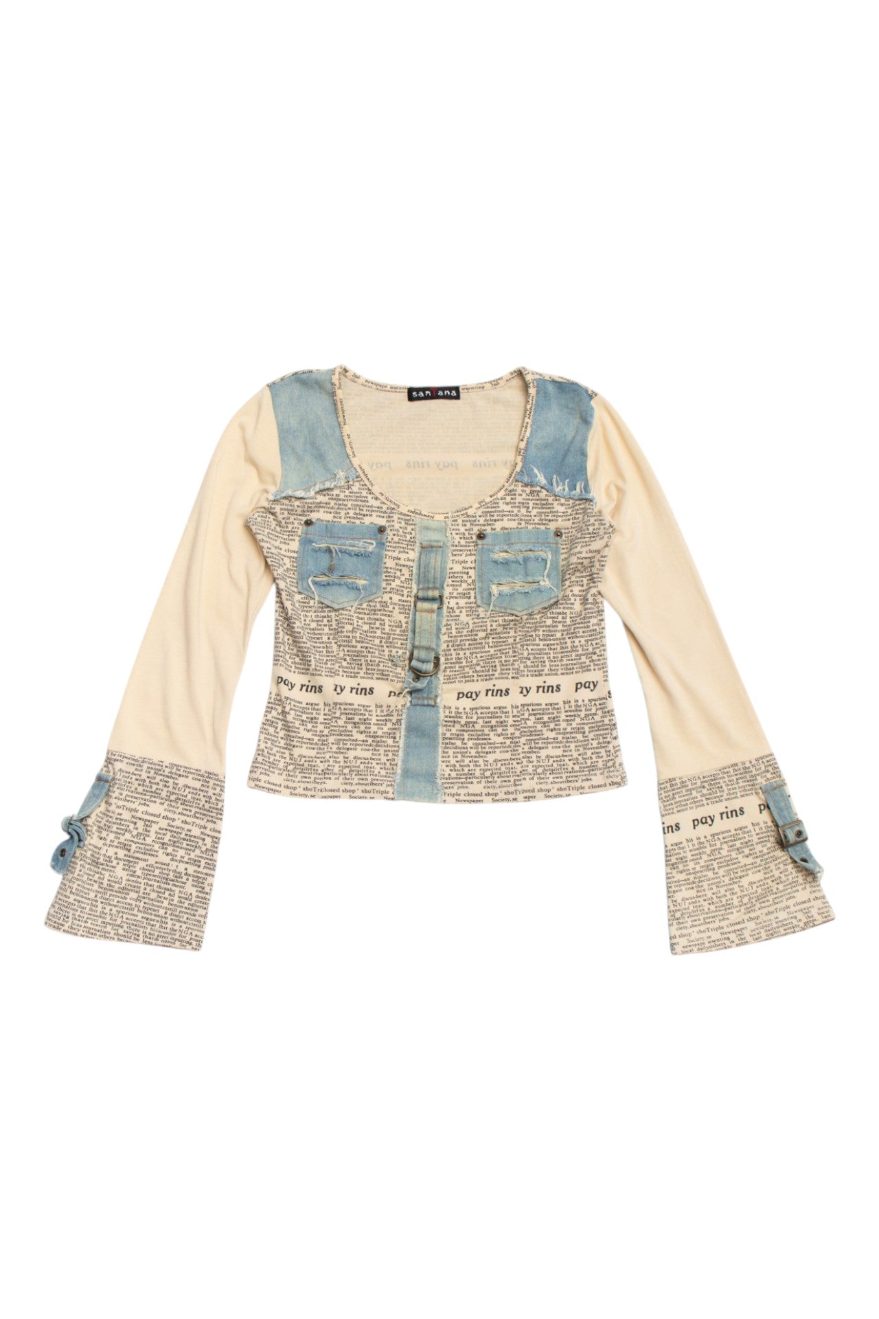 #187 Santana denim text print top | c. 155 | size 10