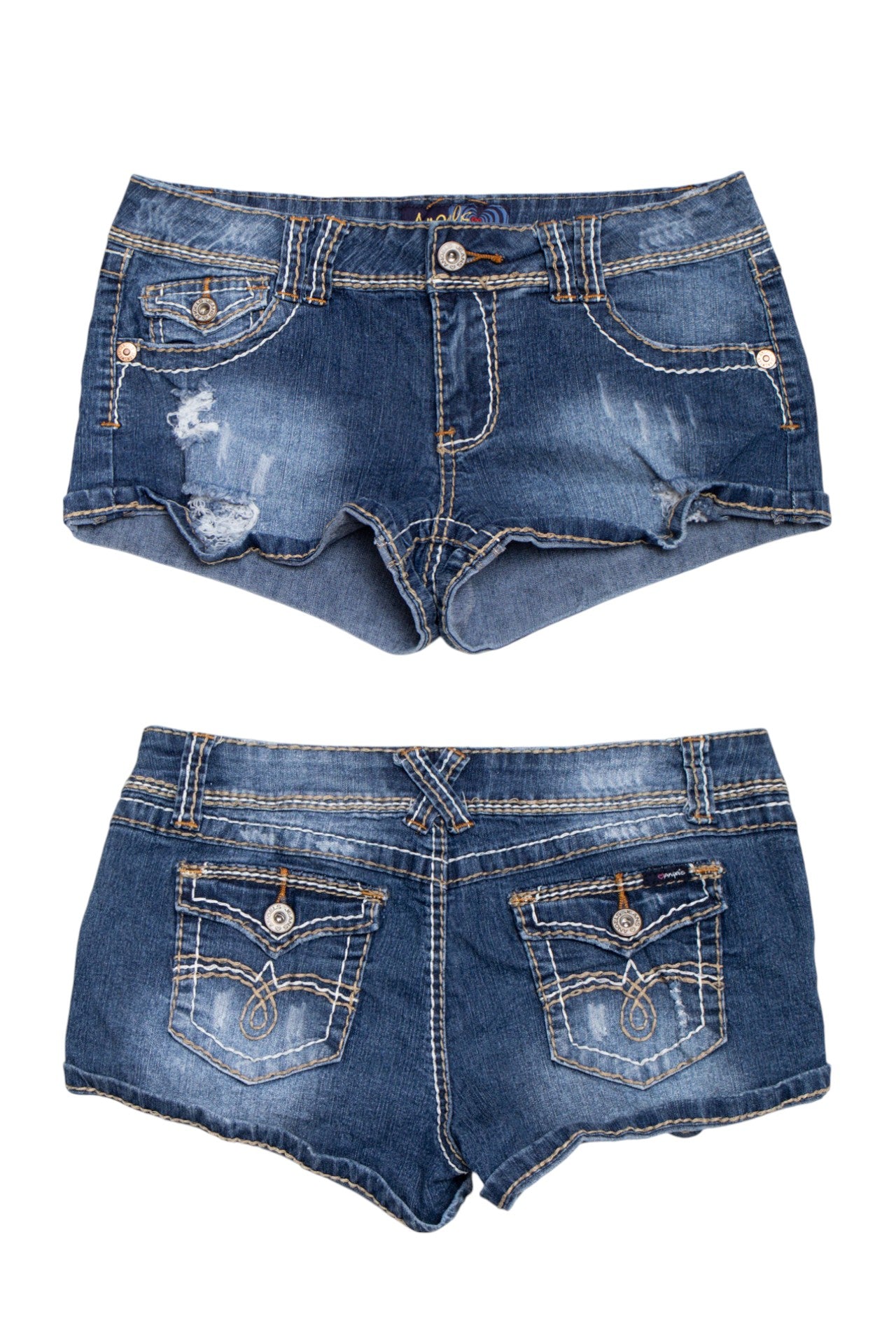 #08 Angels distressed dark wash mini denim shorts | c. 164 | size 8