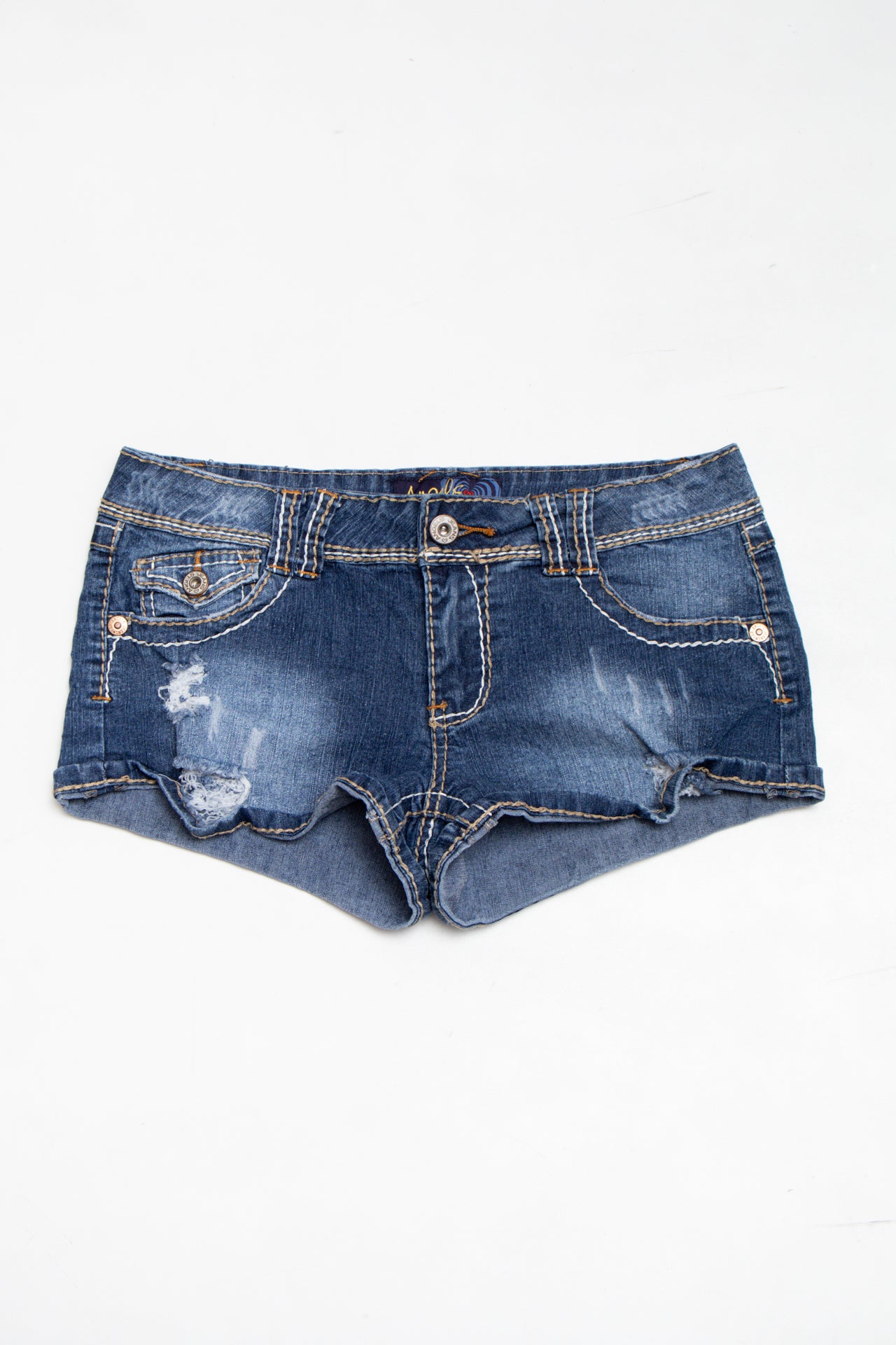 #08 Angels distressed dark wash mini denim shorts | c. 164 | size 8