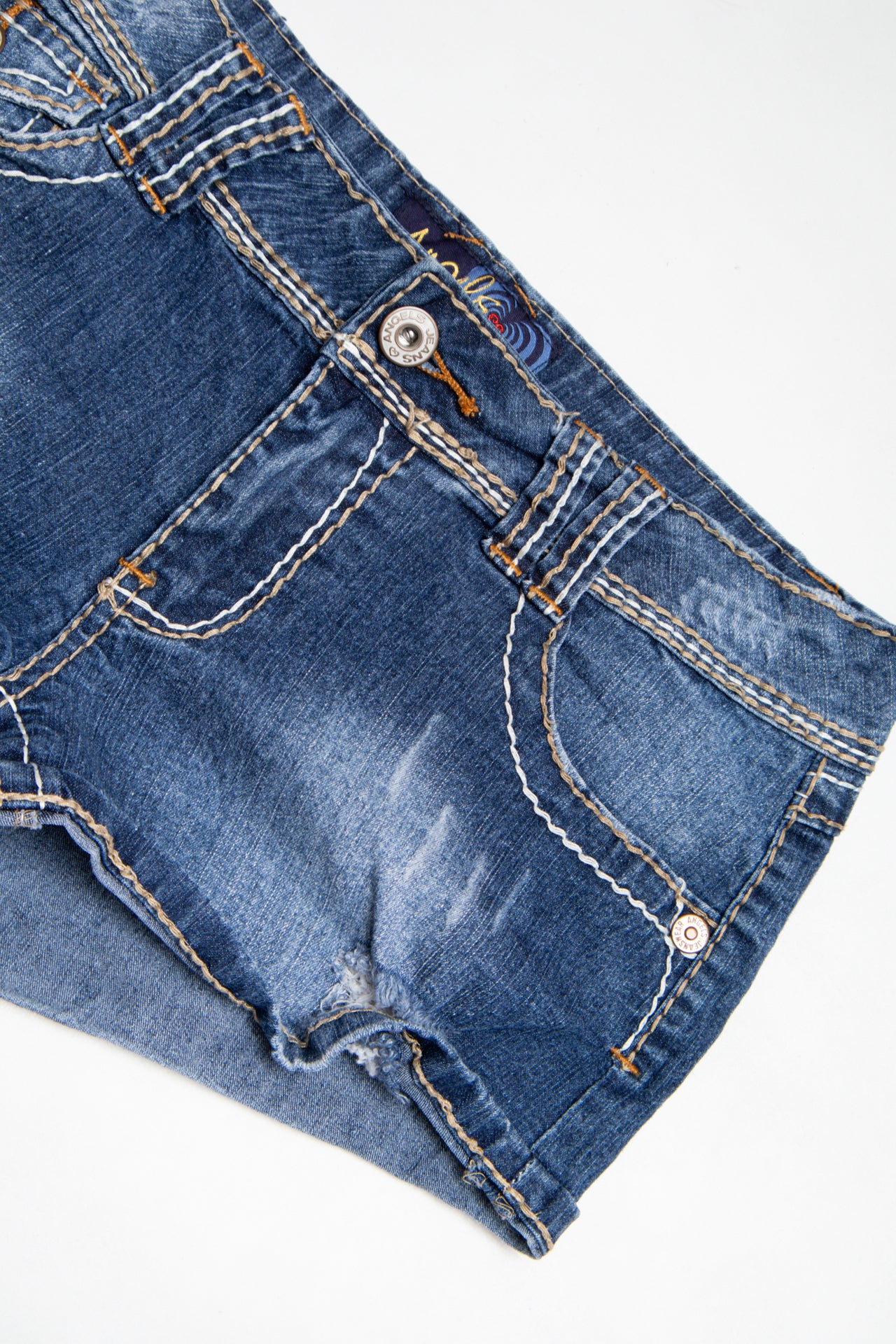 #08 Angels distressed dark wash mini denim shorts | c. 164 | size 8