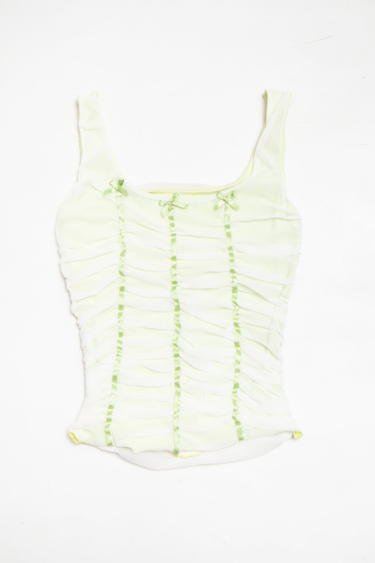 #72 ruched ribboned green tank | c. 164 | size 6/8