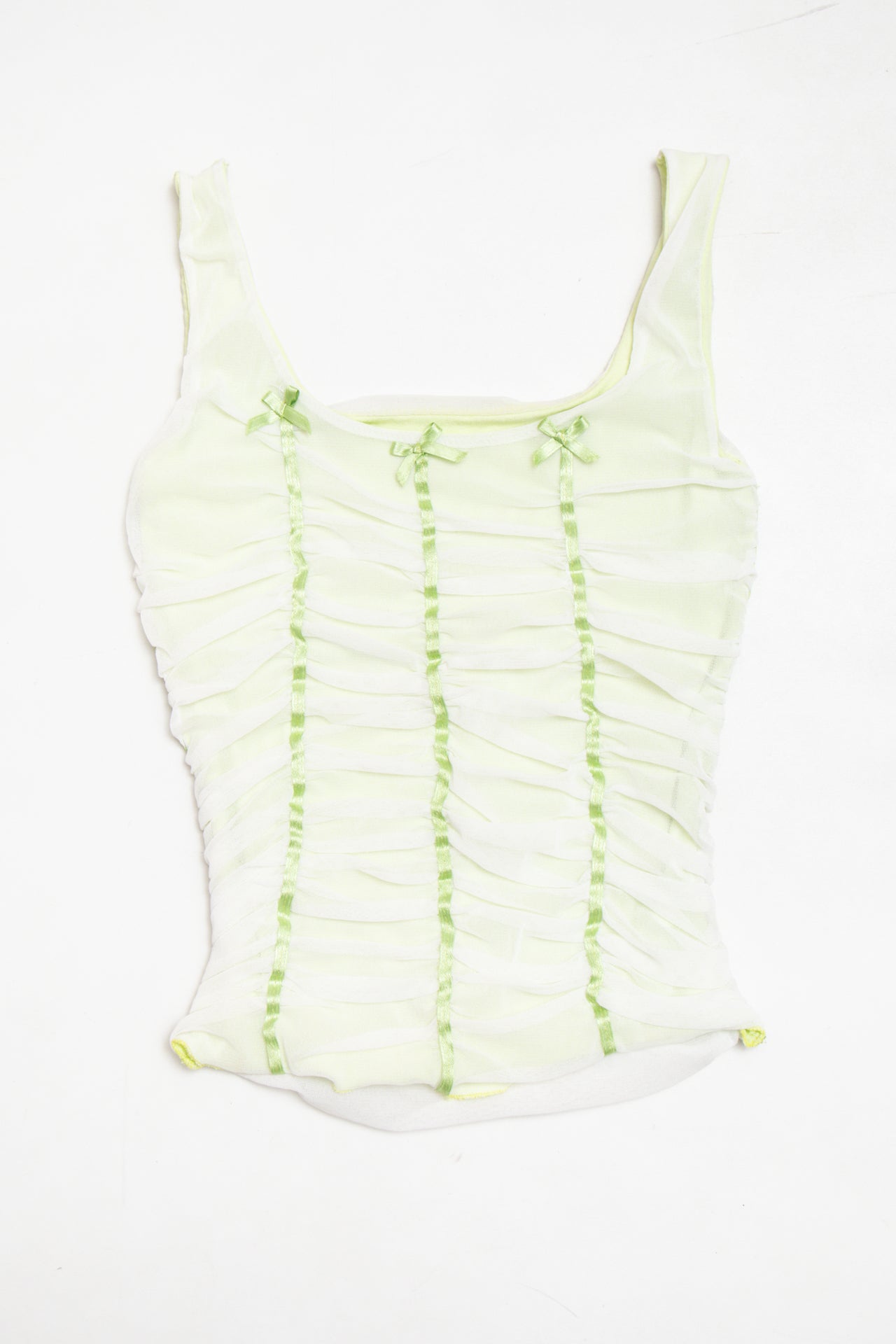 #72 ruched ribboned green tank | c. 164 | size 6/8