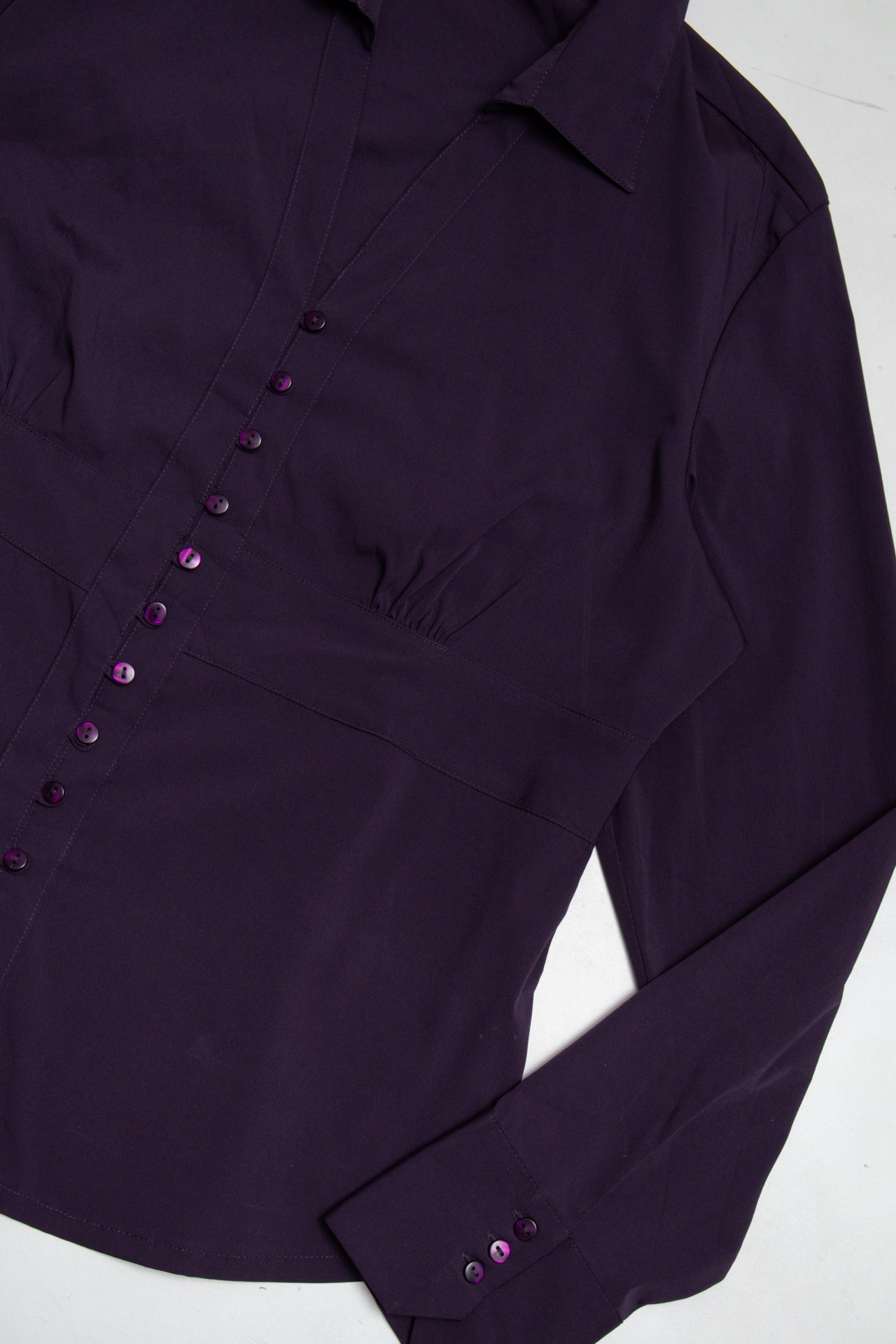 #92 Reitmans ruched purple button up | c. 164 | size 12/14