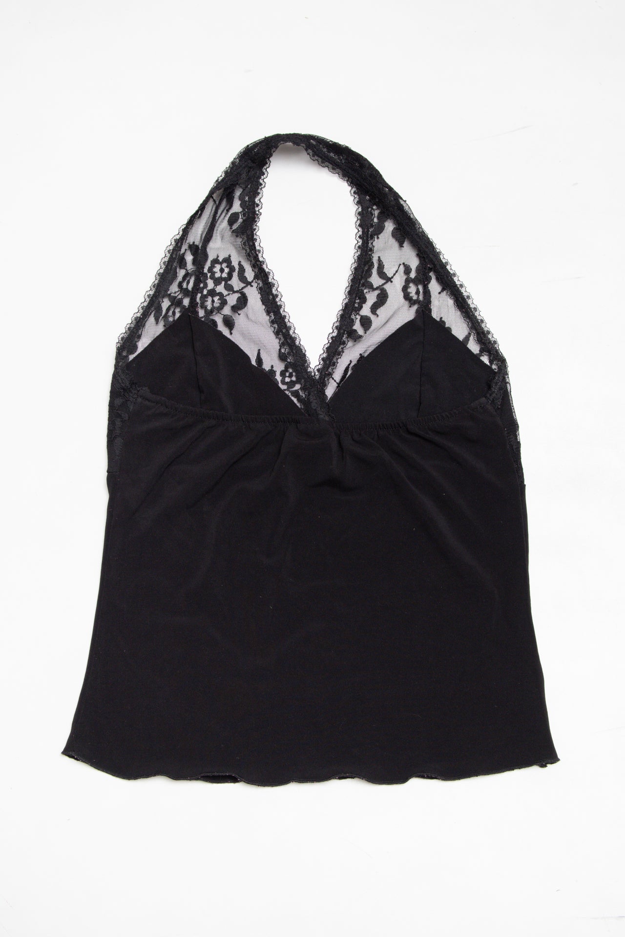 #97 579 lace trim black halter top | c. 164 | size 8