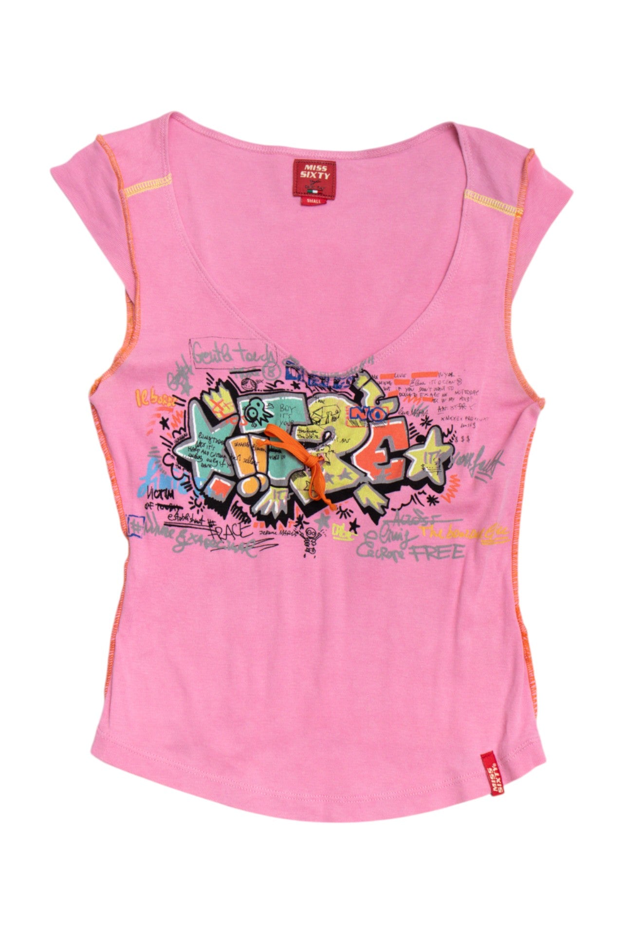 #126 Miss Sixty Pink Graffiti Baby Tee | Size 8 | c. 156