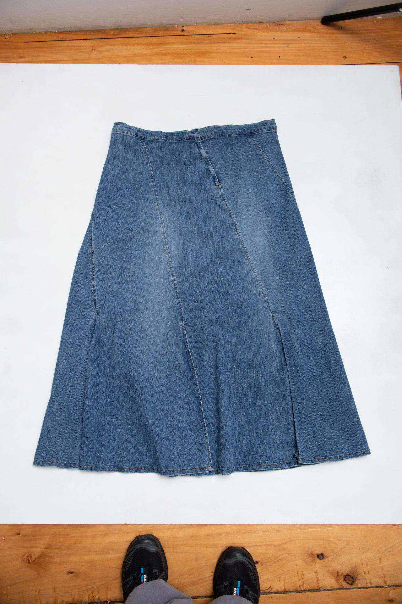 #126. East of LA split pleats denim maxi skirt | c. 164 | size 14/16