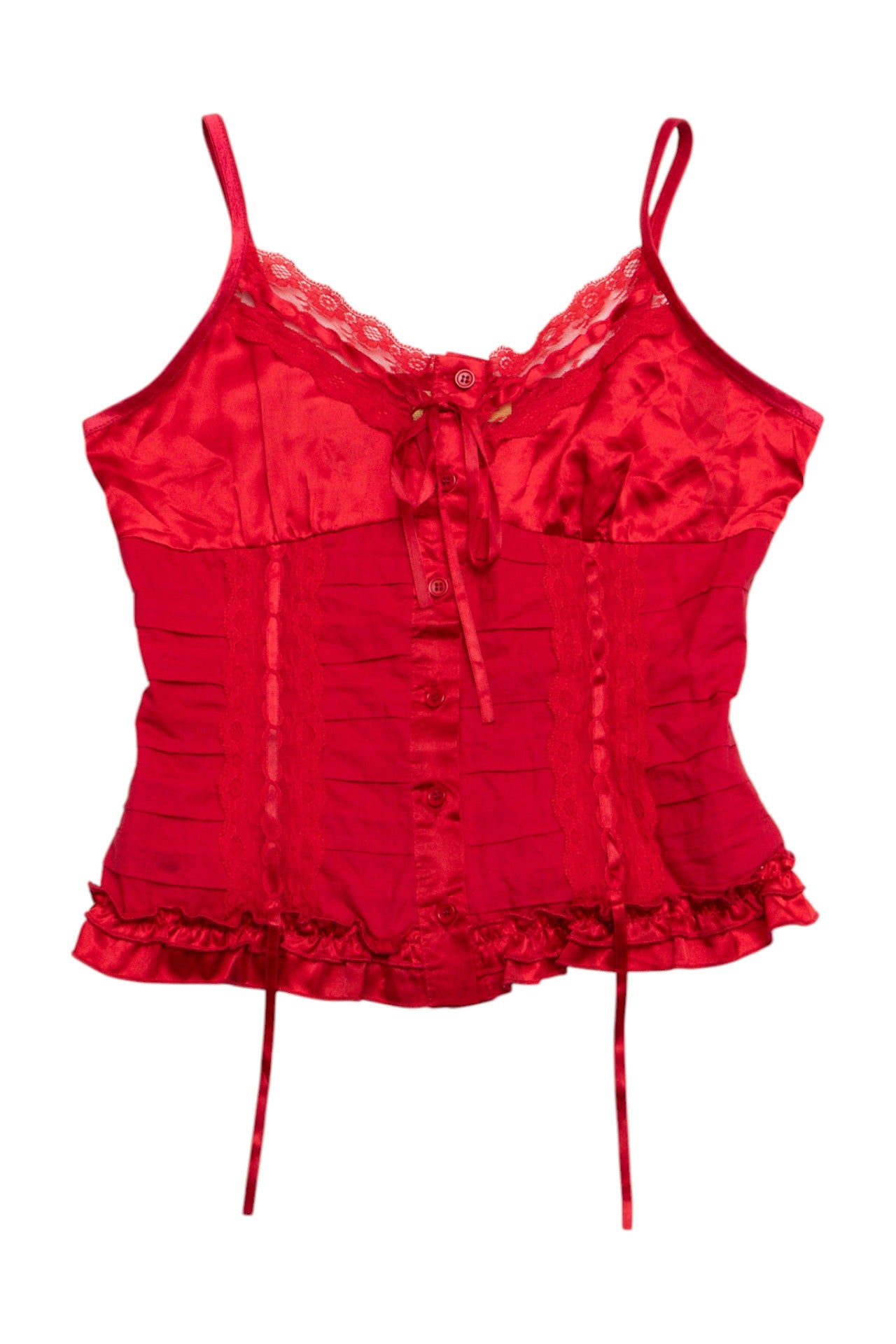 #156 Red ruched satin button up cami w lace trim | C 150 | Size 10