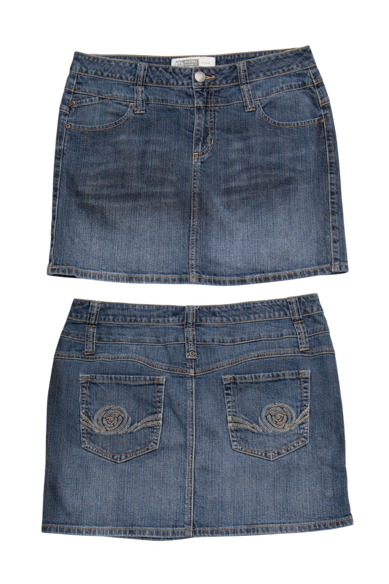 #181 Route 66 denim mini w rose embroidery | C 150 | Size 14