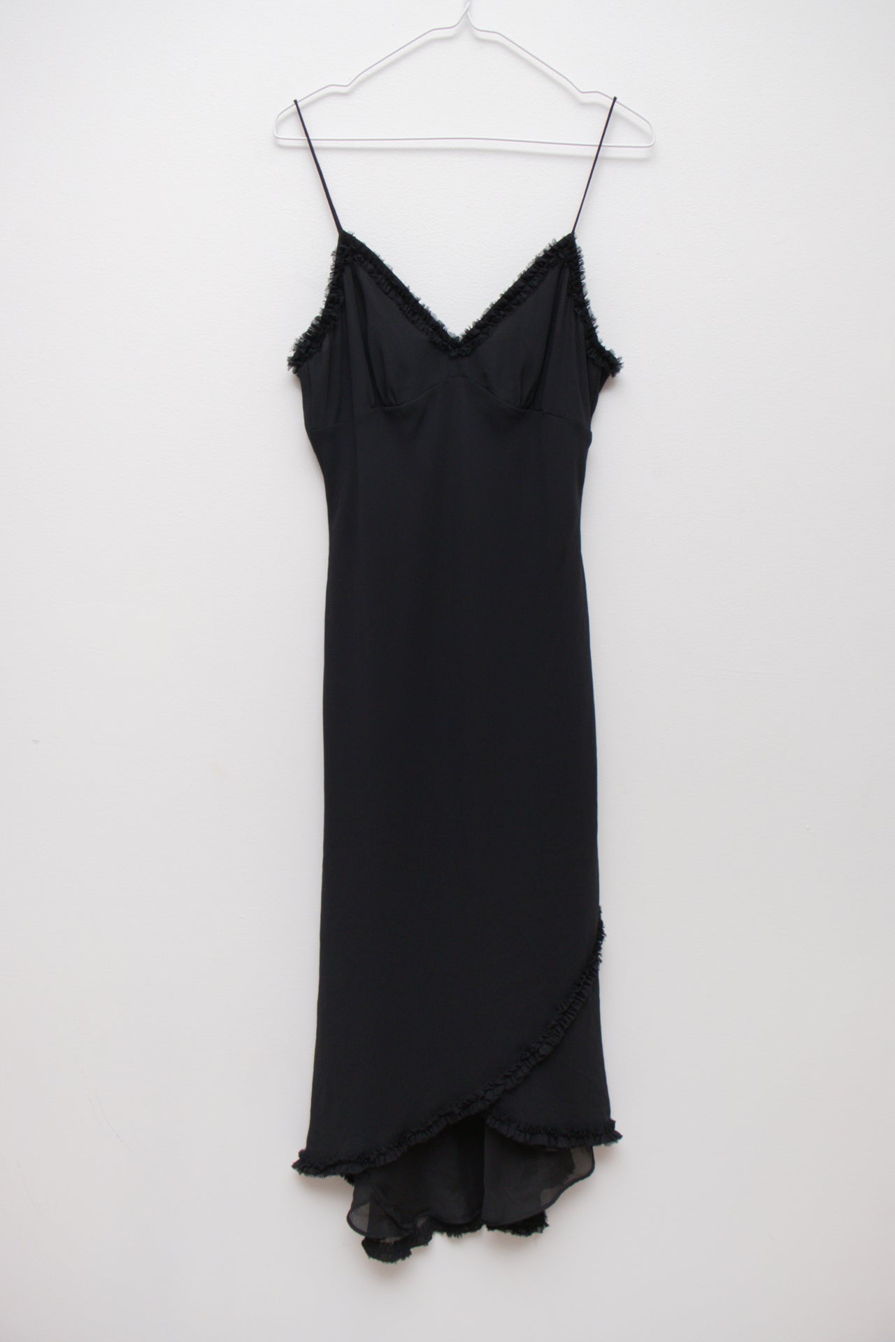 #216 CDC black frilled midi dress | c. 164 | size 10