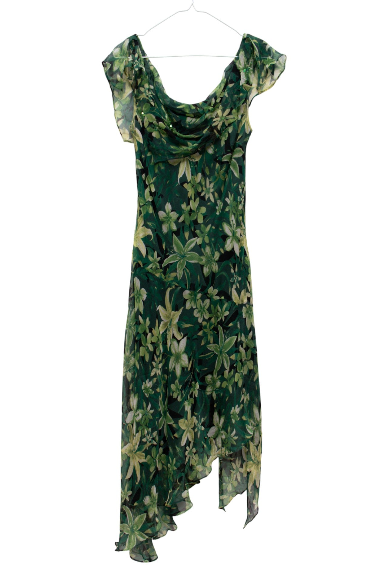 #217 Silk beaded green floral boat-neck dress | c. 164 | size 10/12