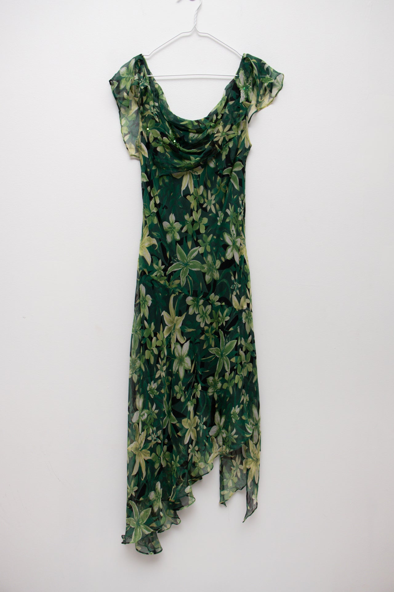#217 Silk beaded green floral boat-neck dress | c. 164 | size 10/12