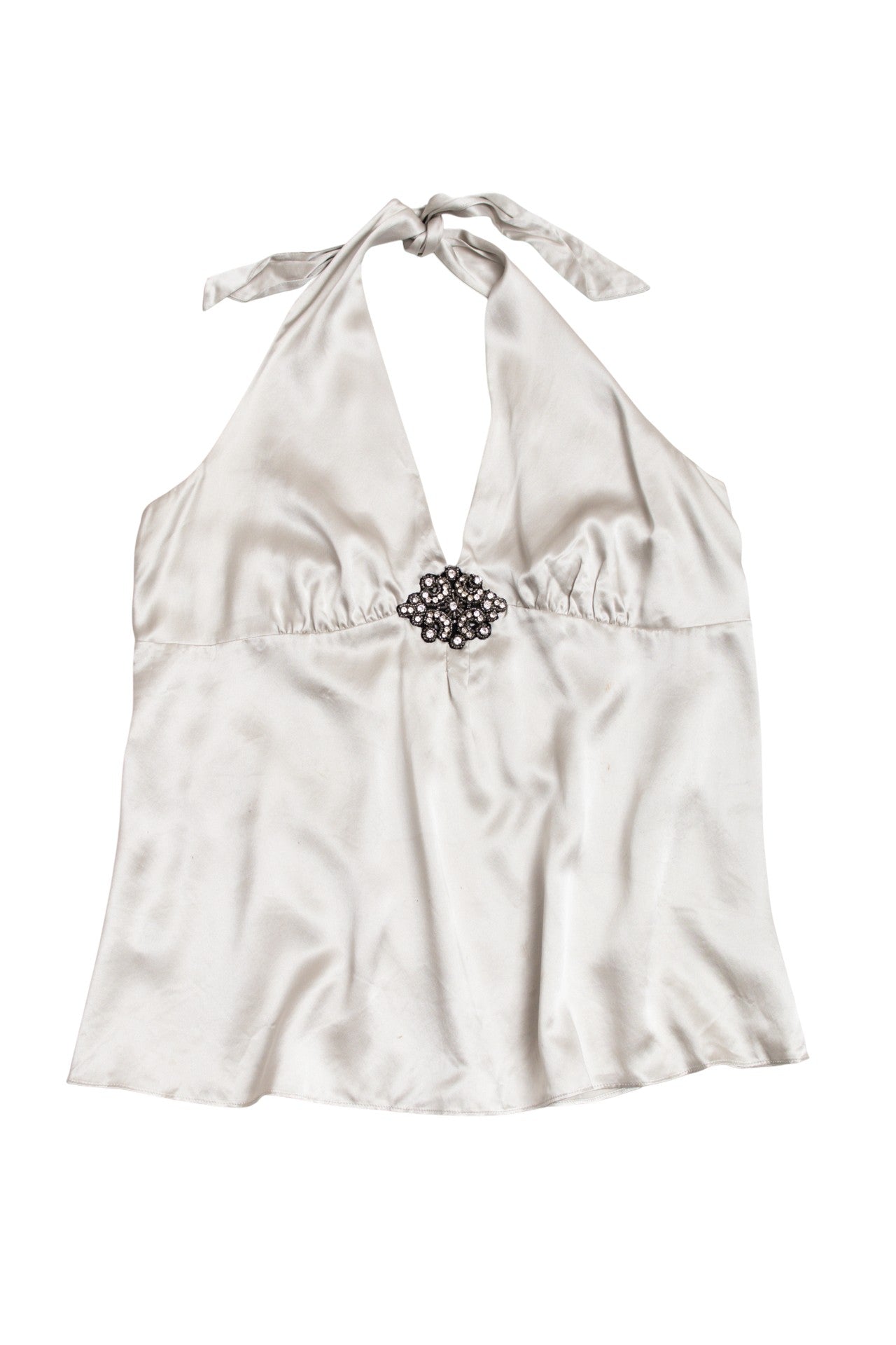 #10 sliver silk rhinestoned halter top | c. 165 | size 12