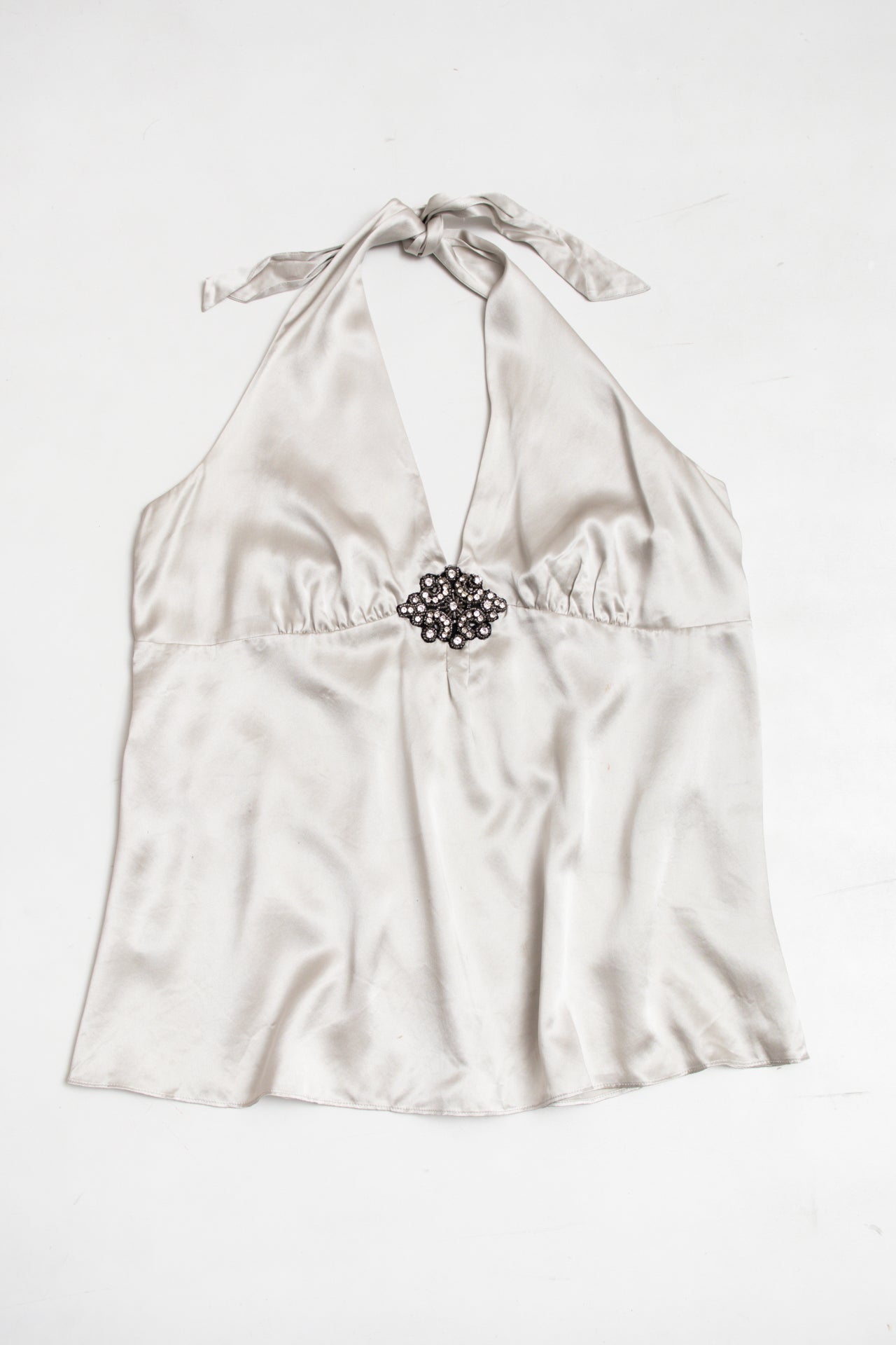 #10 sliver silk rhinestoned halter top | c. 165 | size 12