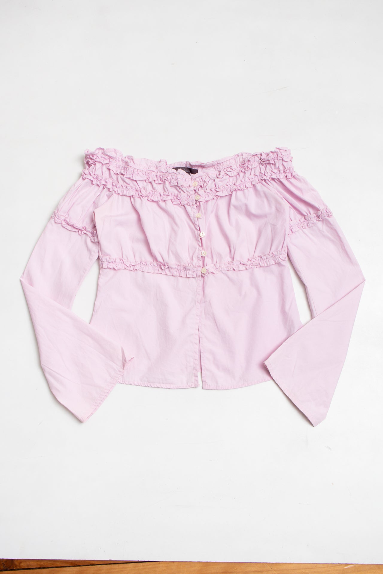 #34 lilac ruffled off-shoulder button up | c. 165 | size 10