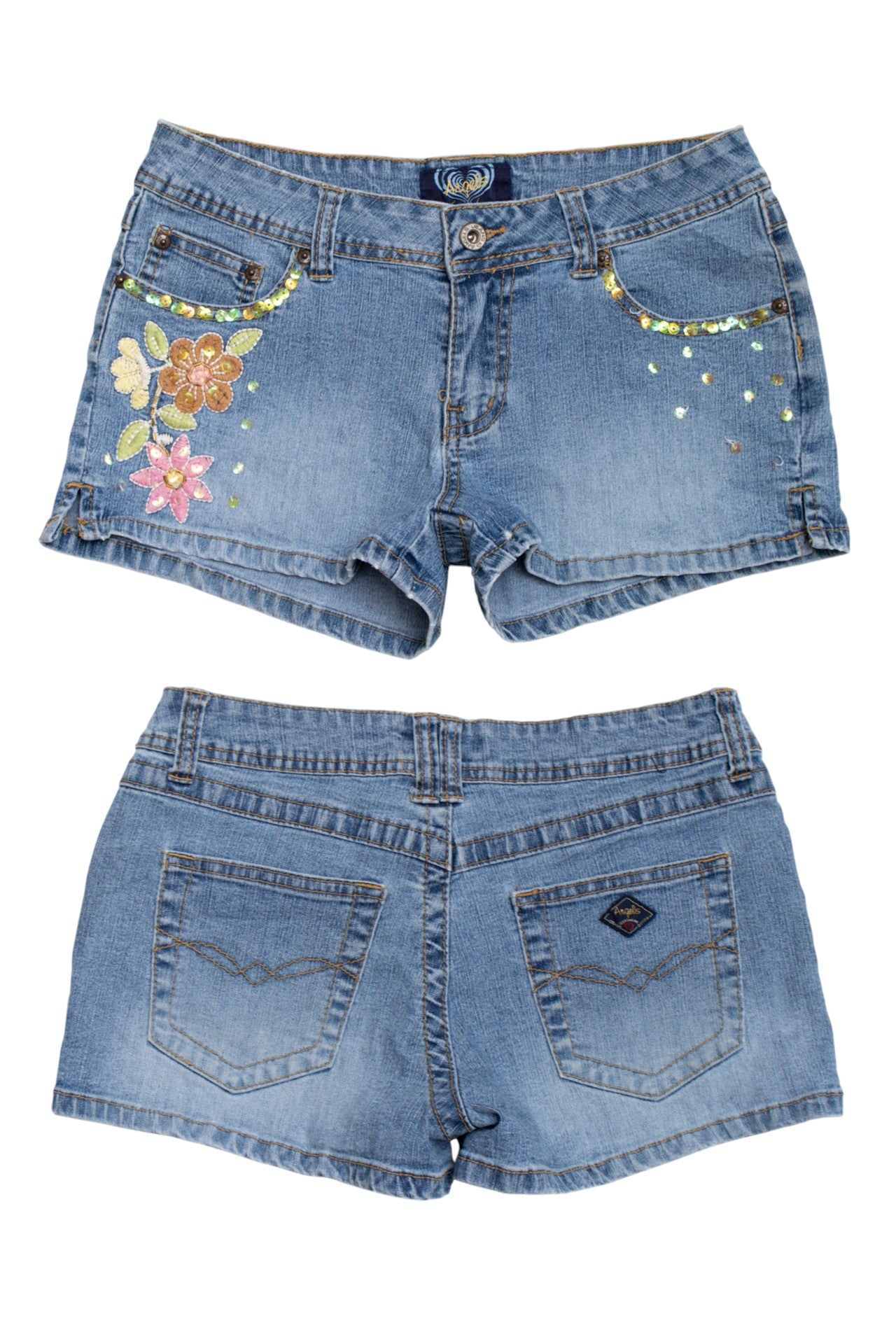 #100 Angels sequinned floral denim shorts | c. 165 | size 8
