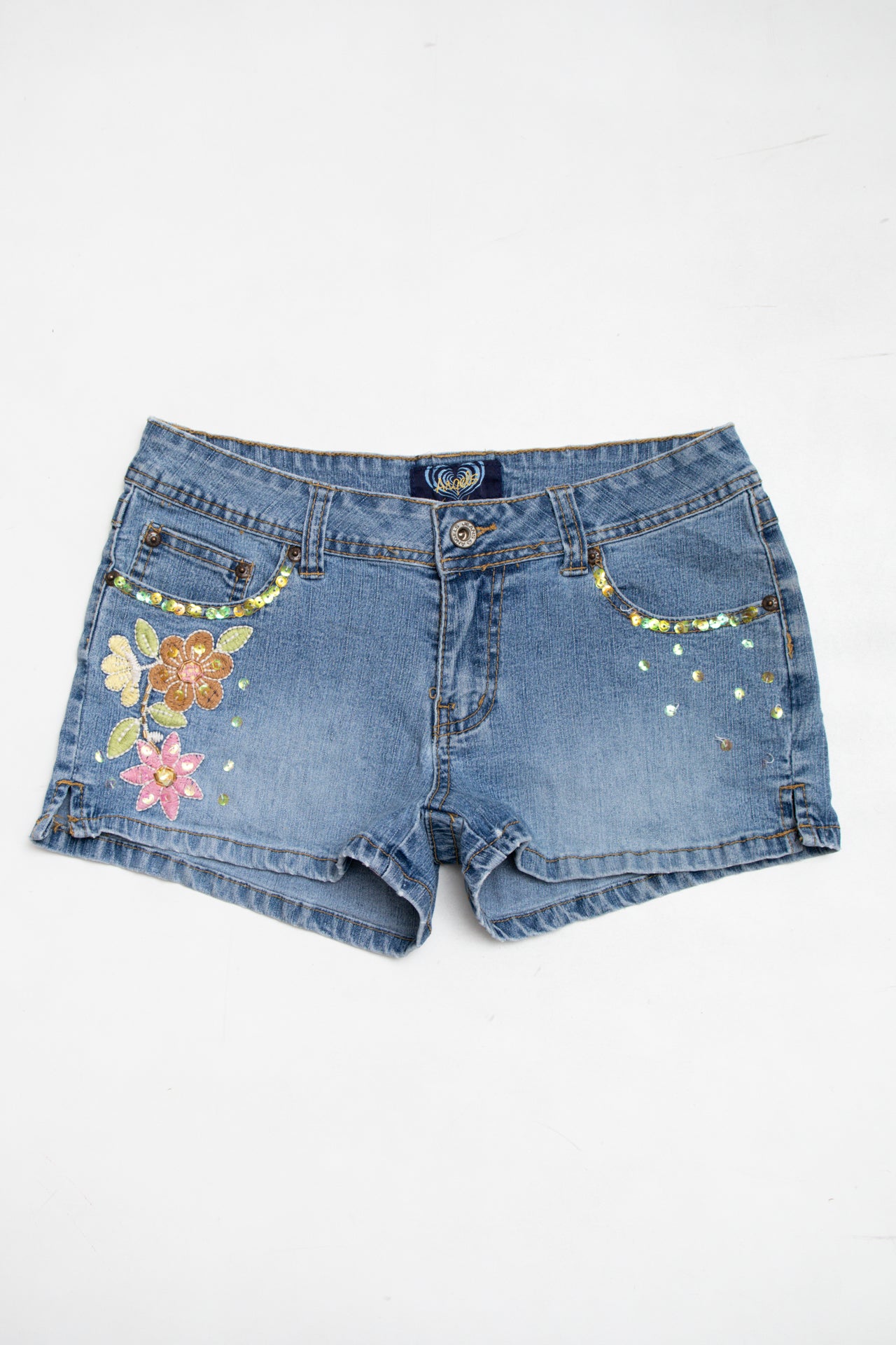 #100 Angels sequinned floral denim shorts | c. 165 | size 8