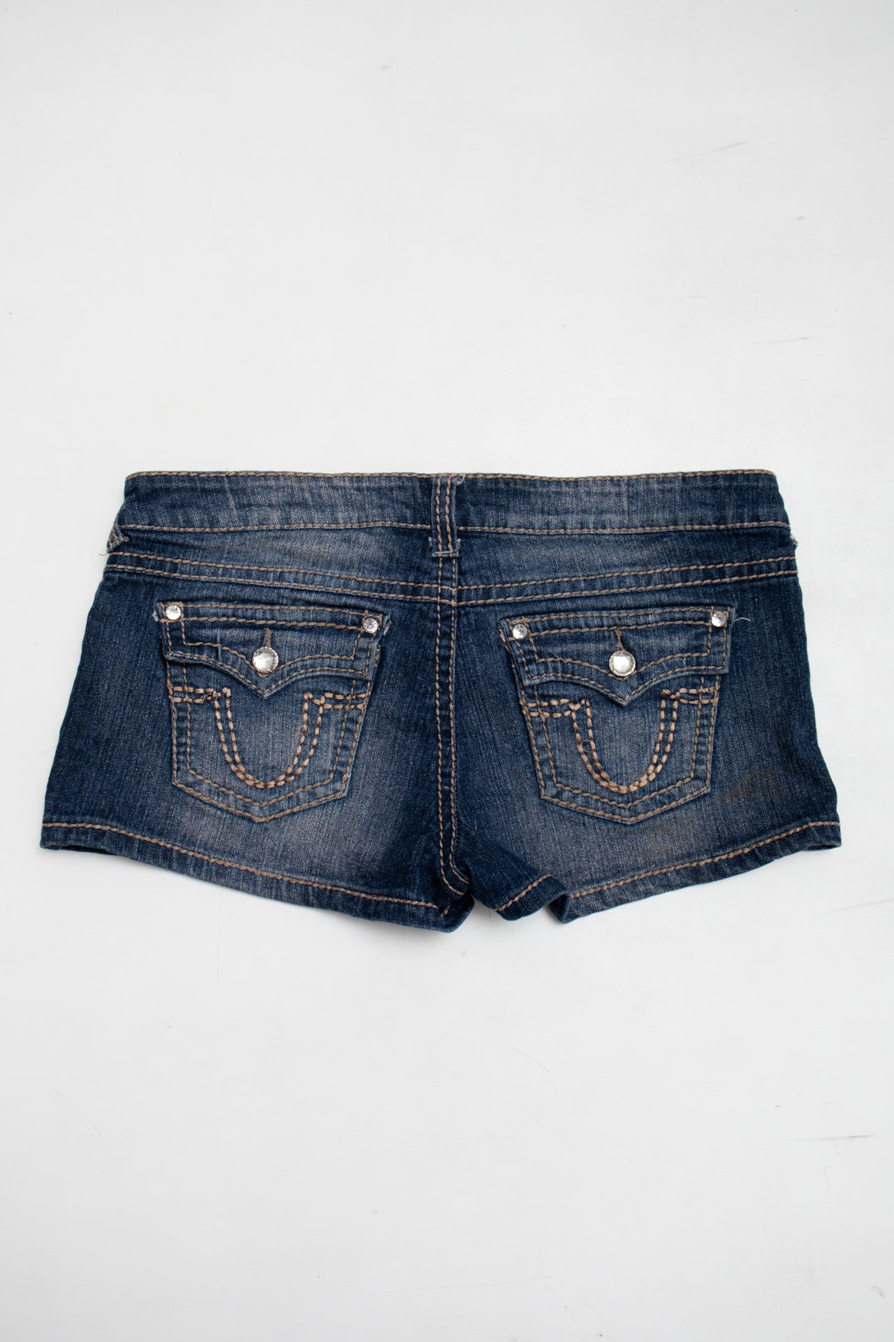 #104 rhinestone button stitch-work denim shorts | c. 165 | size 8/10