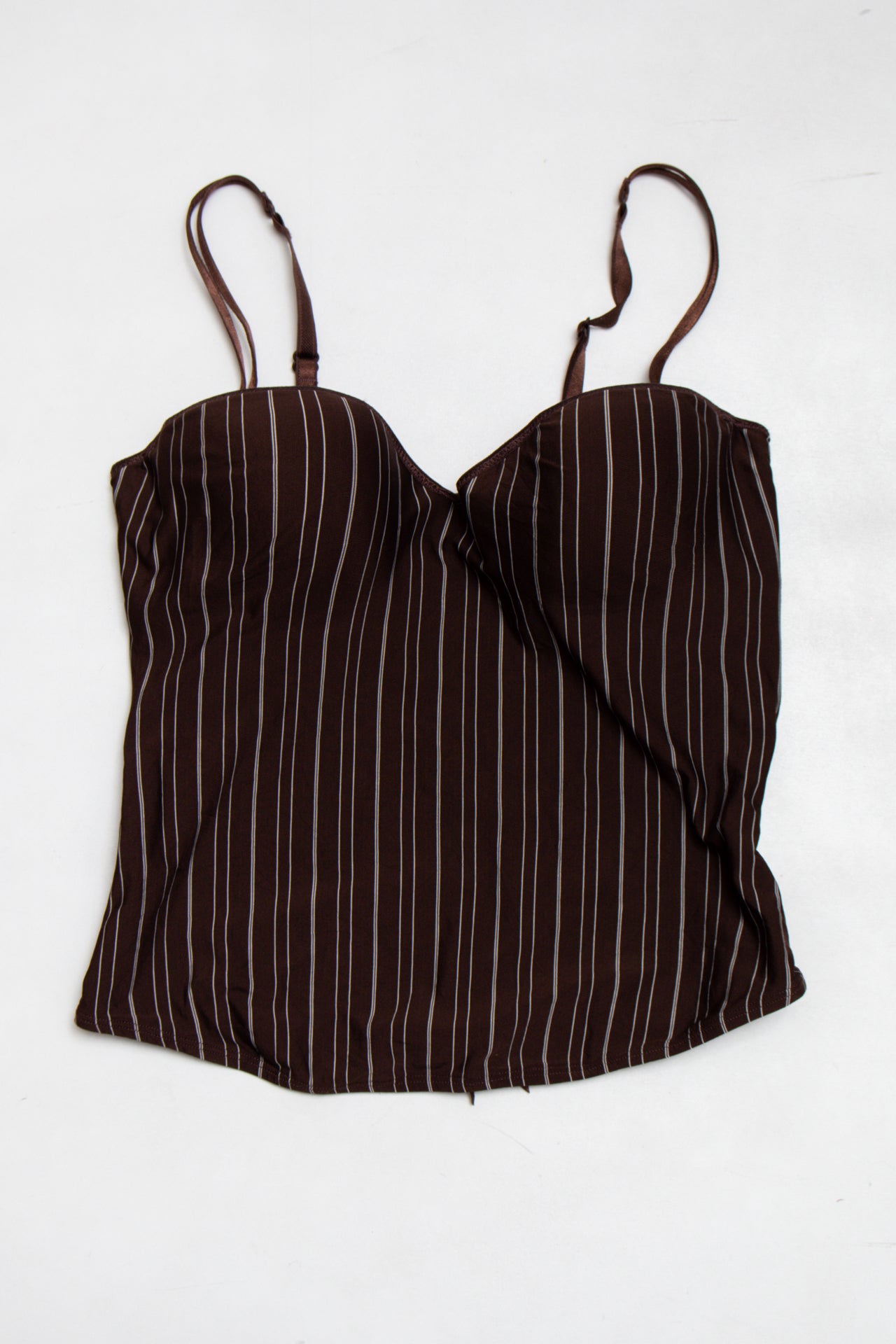 #122 C&A brown pinstripe corset | c. 165 | size 14C / 8/10