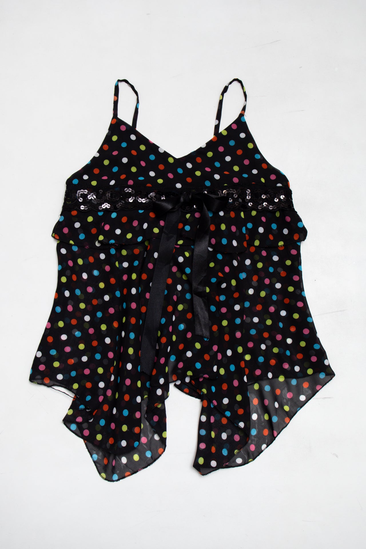#143 polk dot mesh ruffle cami | c. 165 | size 10