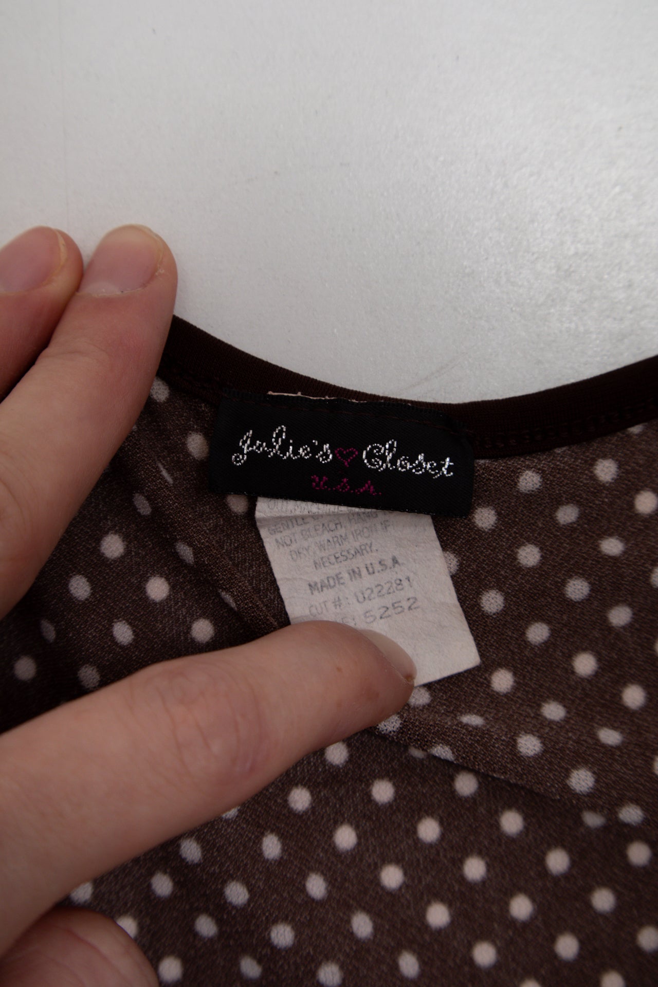 #148 Julie's Closet brown polka dot top | c. 165 | size 8