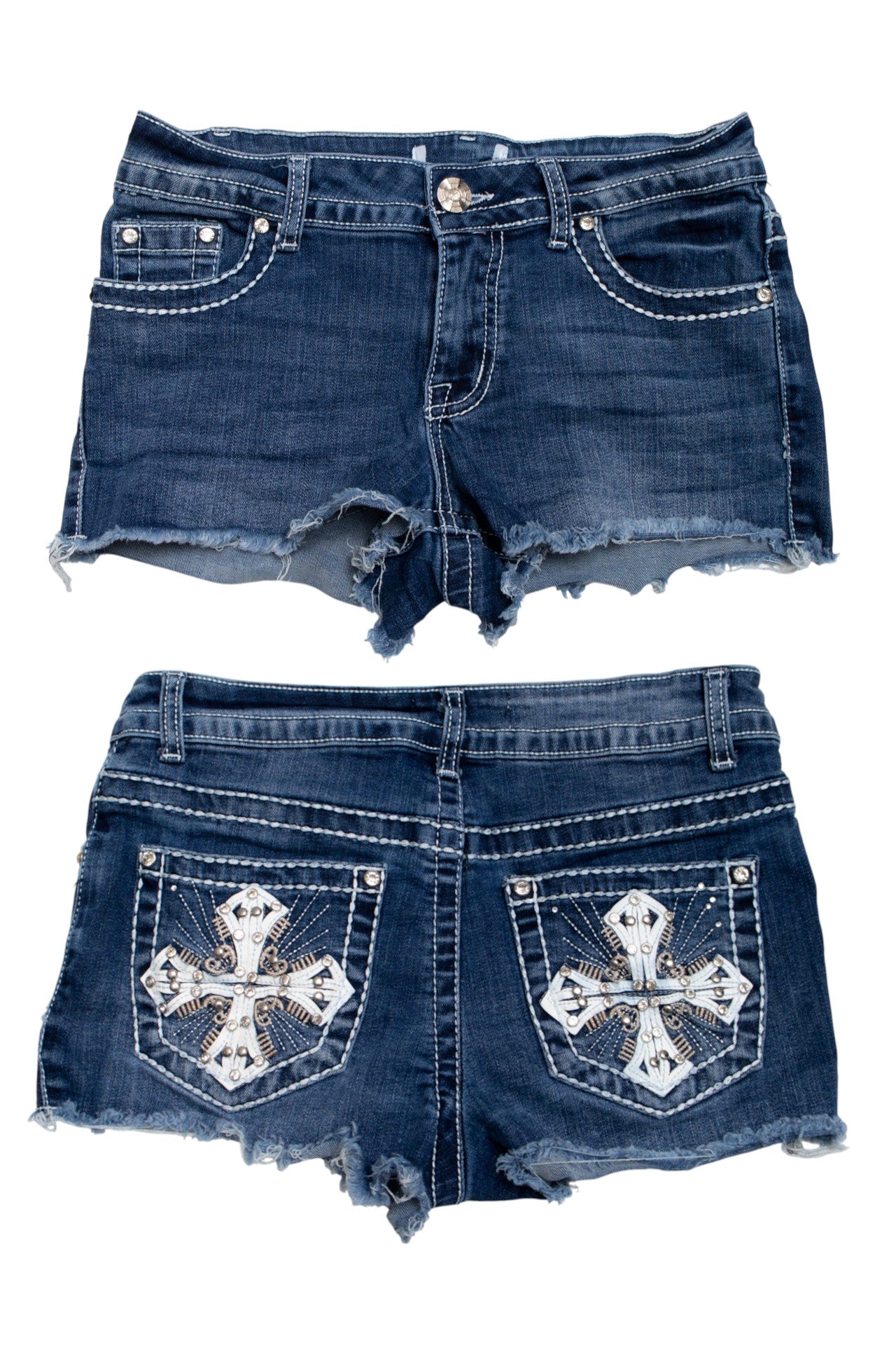 #202 rhinestoned embroidered mini denim shorts | c. 165 | size 8