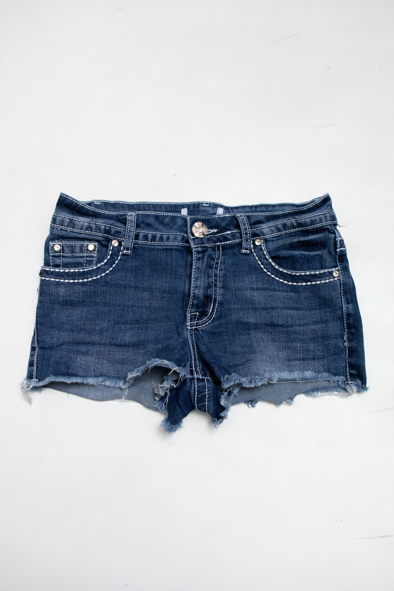 #202 rhinestoned embroidered mini denim shorts | c. 165 | size 8