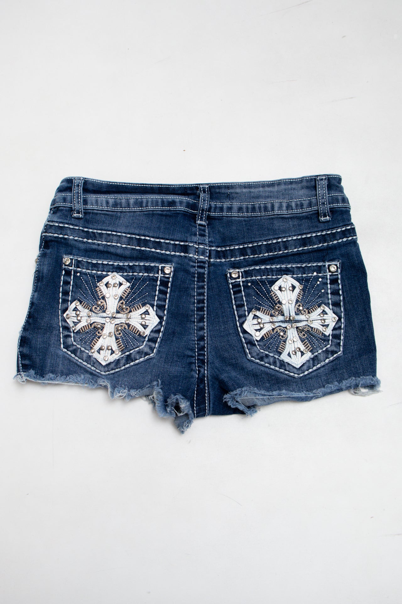 #202 rhinestoned embroidered mini denim shorts | c. 165 | size 8