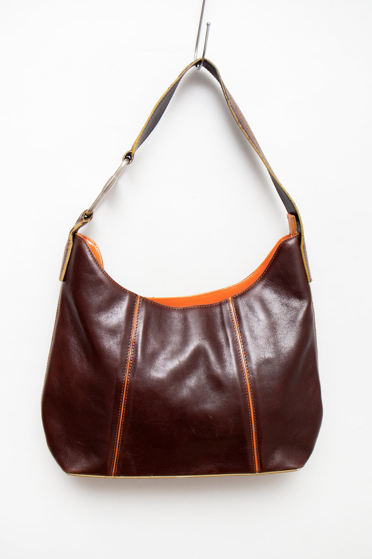 #242 Ann Klein patent leather orange stitch bag | c. 165