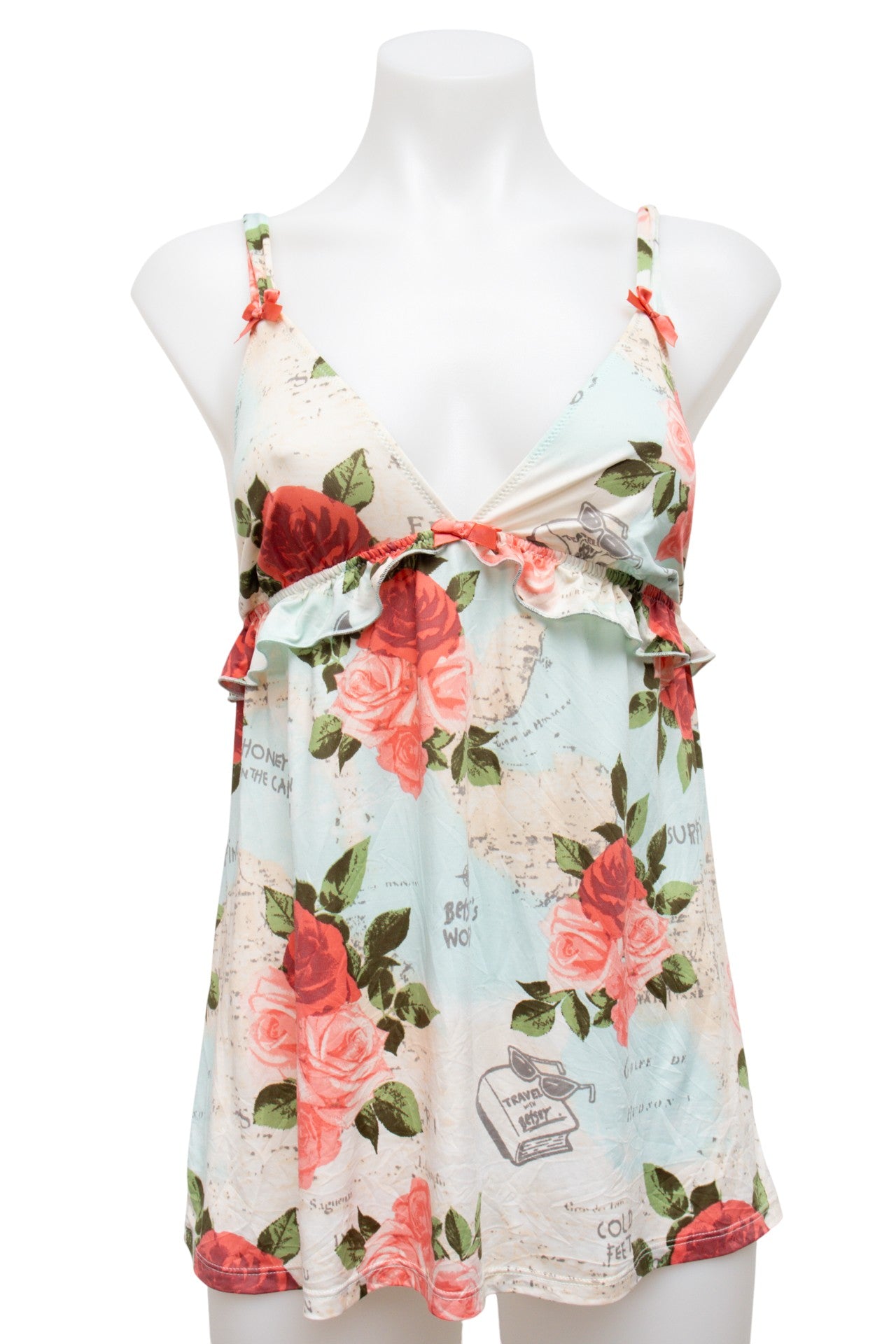 #27 Betsey Johnson Camisole Top Light Aqua Blue With Multicolor Rose Print | c. | Size 8