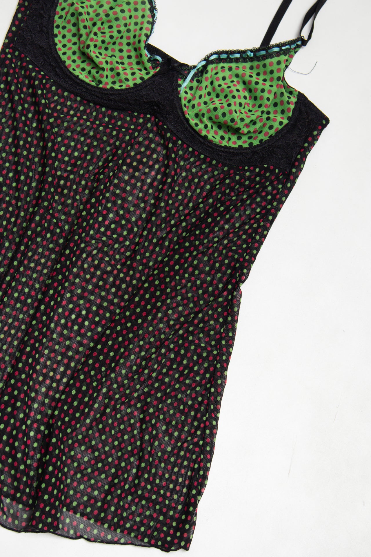 #17 Popsi Lingerie green/red polka dot black cami | c. 158 | cup size 10D