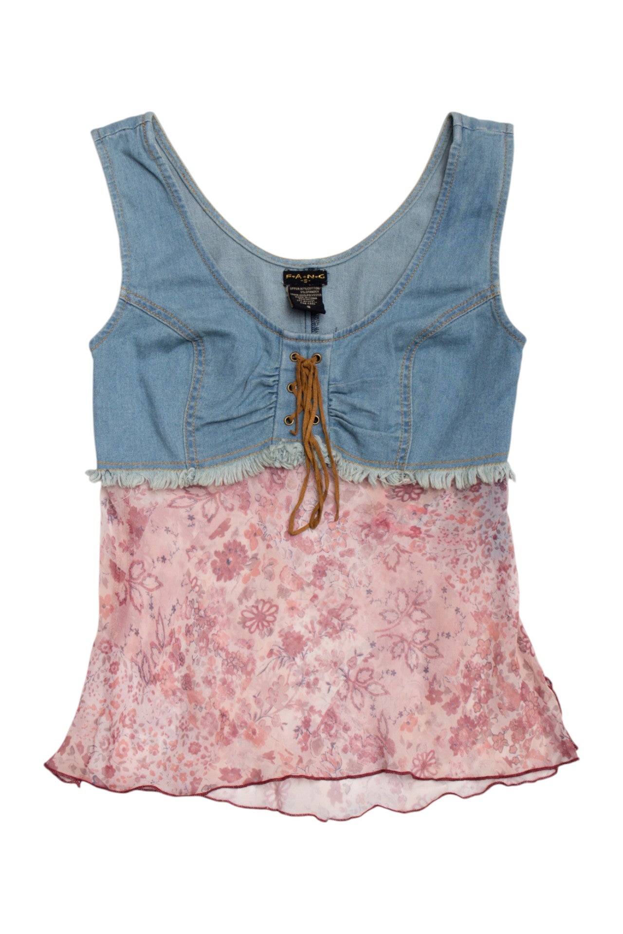 #11 Deadstock Fang denim sheer top w suede lace up | Size 8 | C. 152